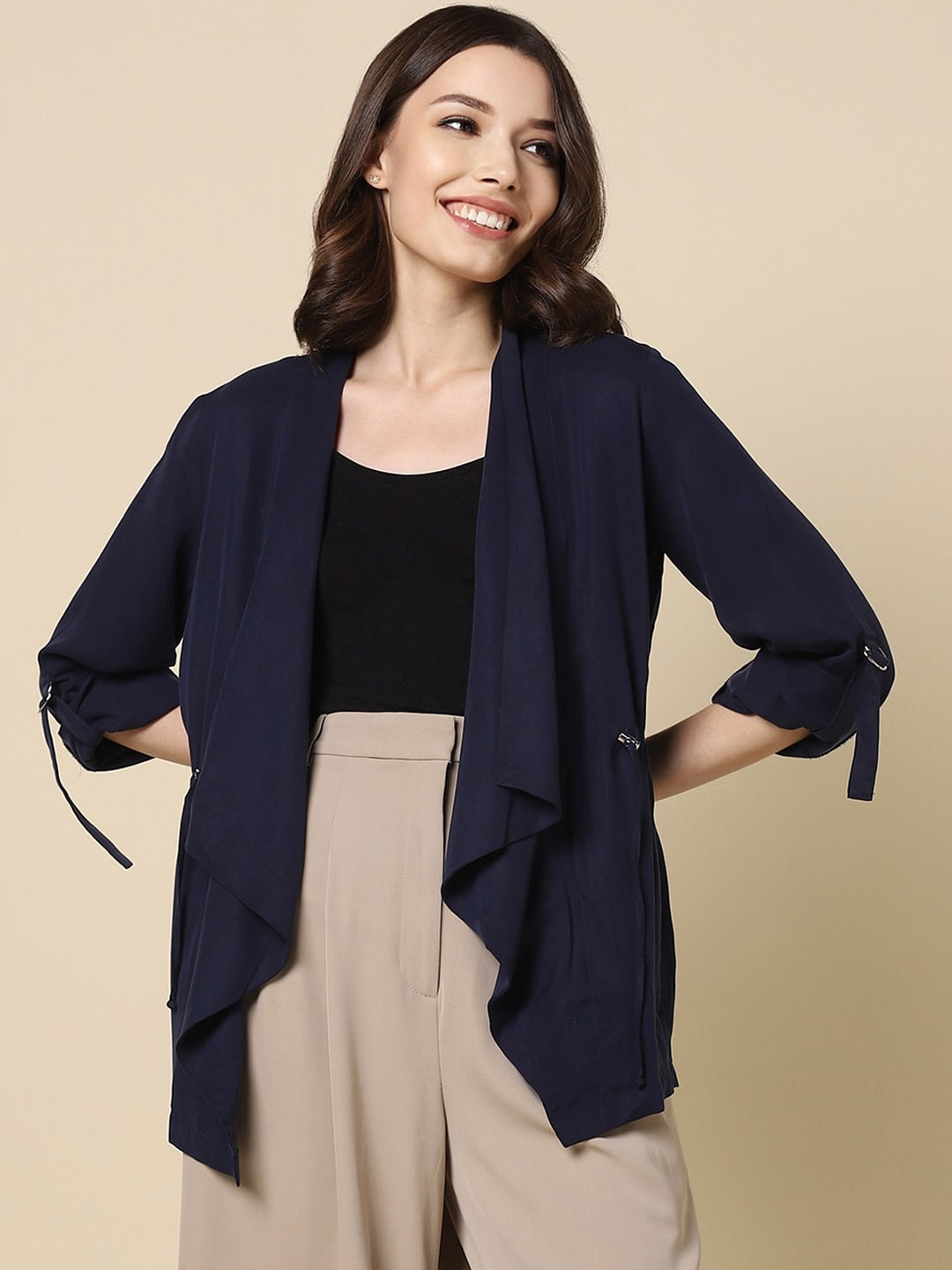 

Allen Solly Woman Shawl Collar Open Front Jacket, Navy blue