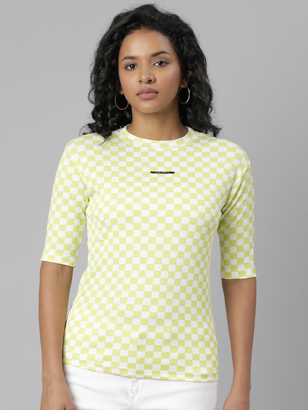 

SHOWOFF Checked Round Neck Slim Fit T-shirt, Lime green