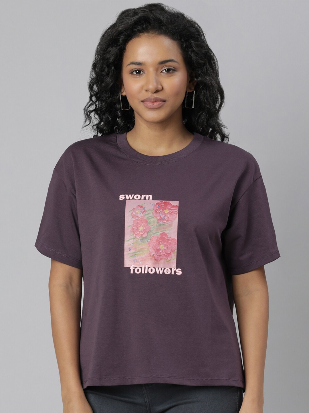 

SHOWOFF Typography Printed Round Neck Boxy T-shirt, Purple