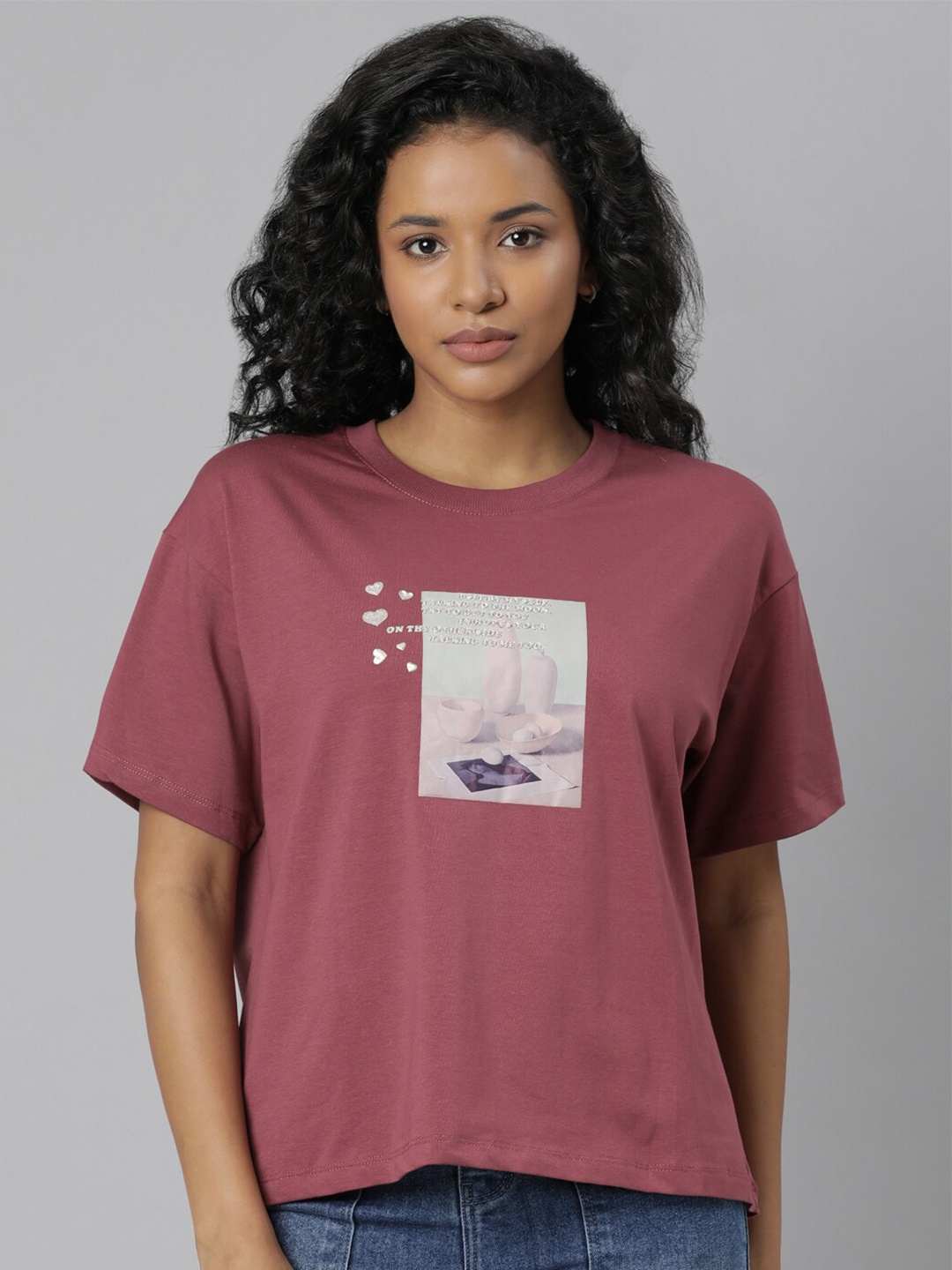 

SHOWOFF Graphic Printed Round Neck Boxy T-shirt, Mauve