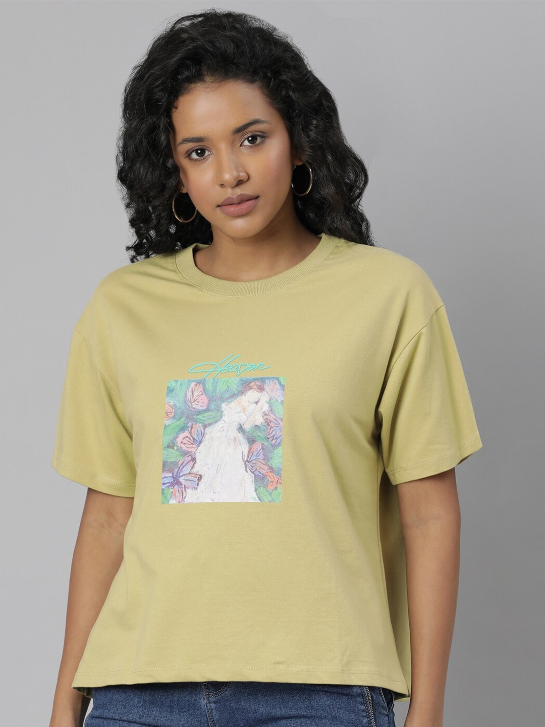 

SHOWOFF Graphic Printed Drop-Shoulder Sleeves Boxy T-shirt, Mustard