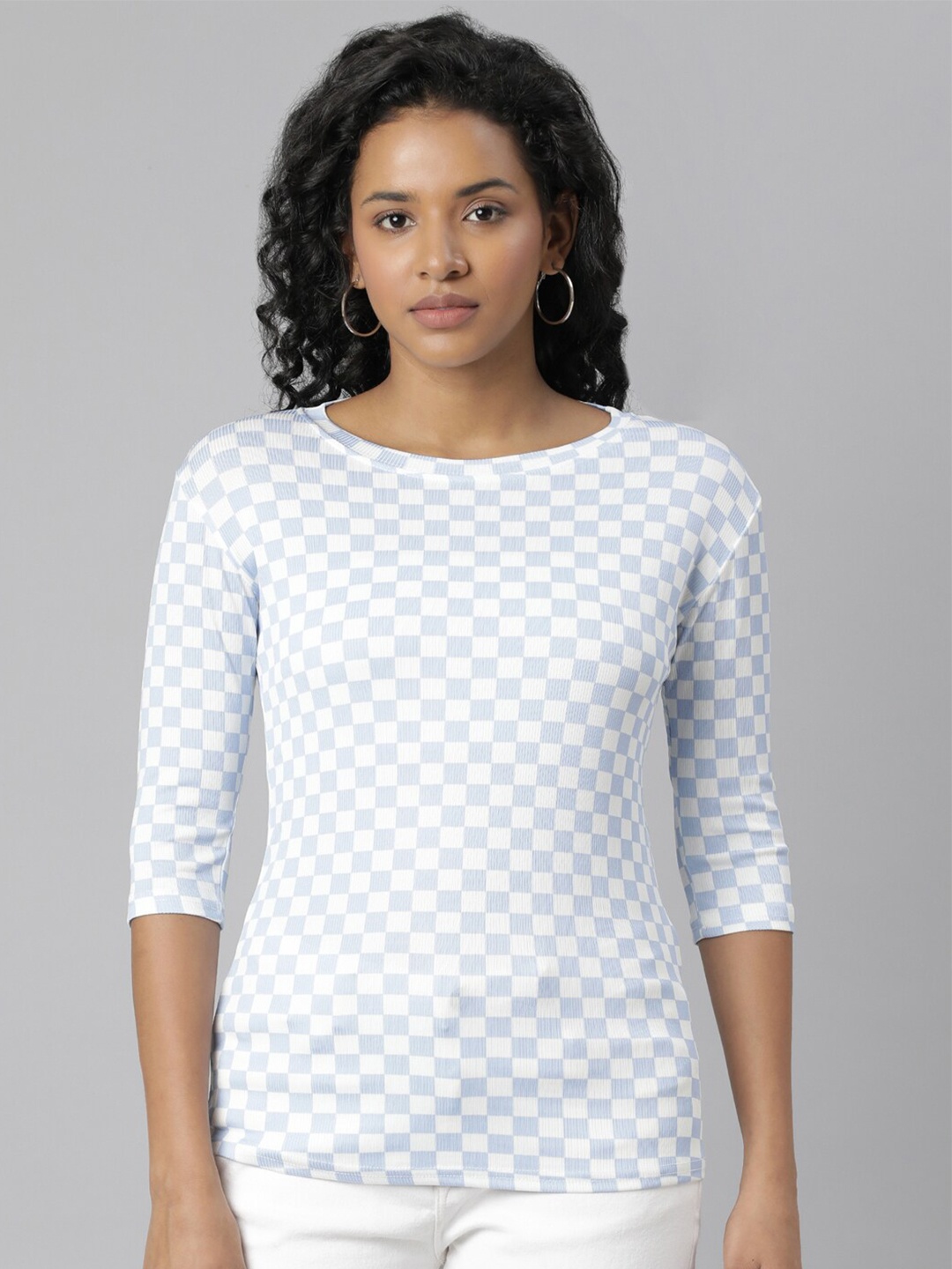 

SHOWOFF Checked Round Neck Slim Fit T-shirt, Blue