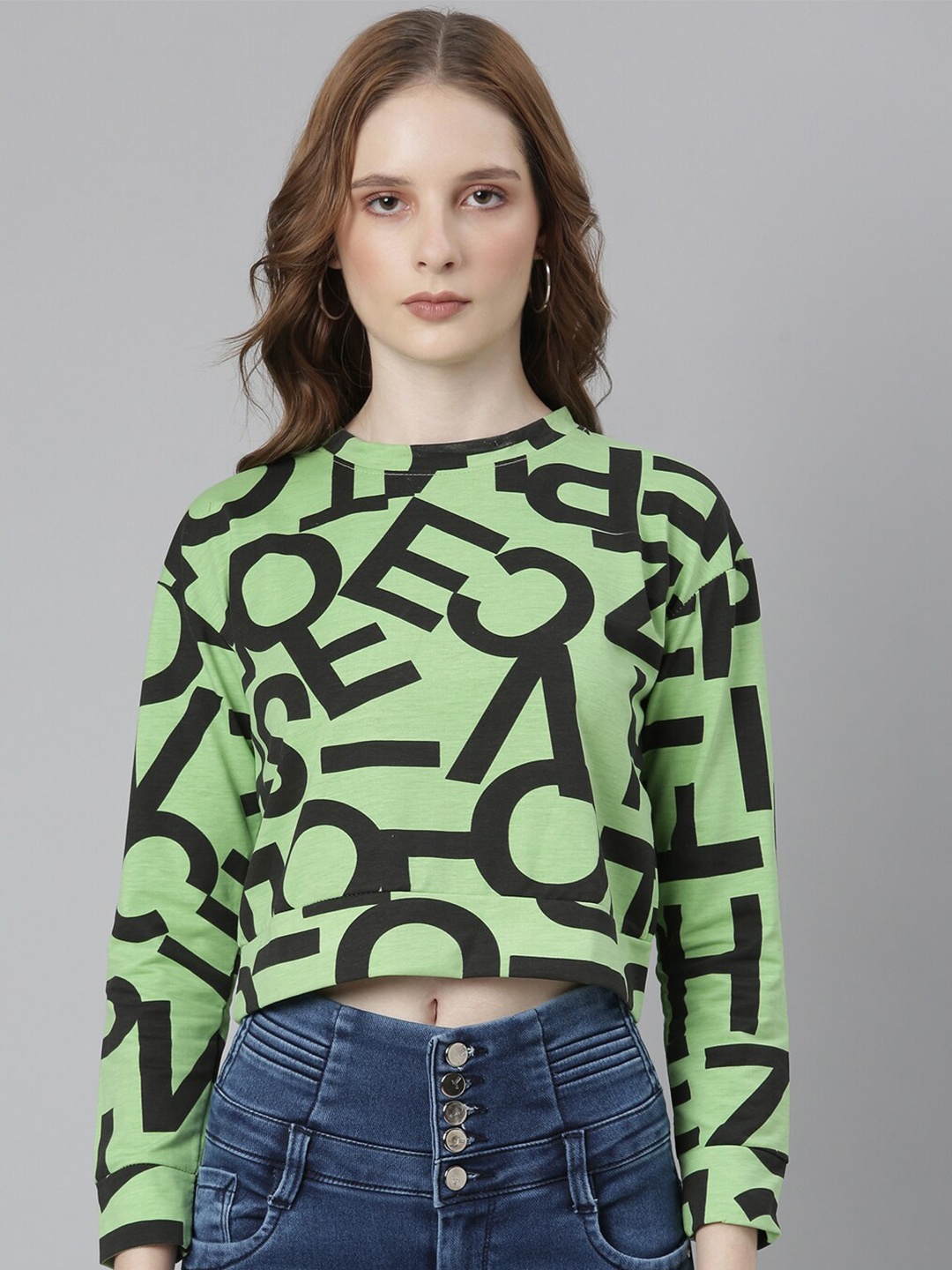 

SHOWOFF Typography Printed Drop-Shoulder Sleeves Boxy Crop T-Shirt, Green