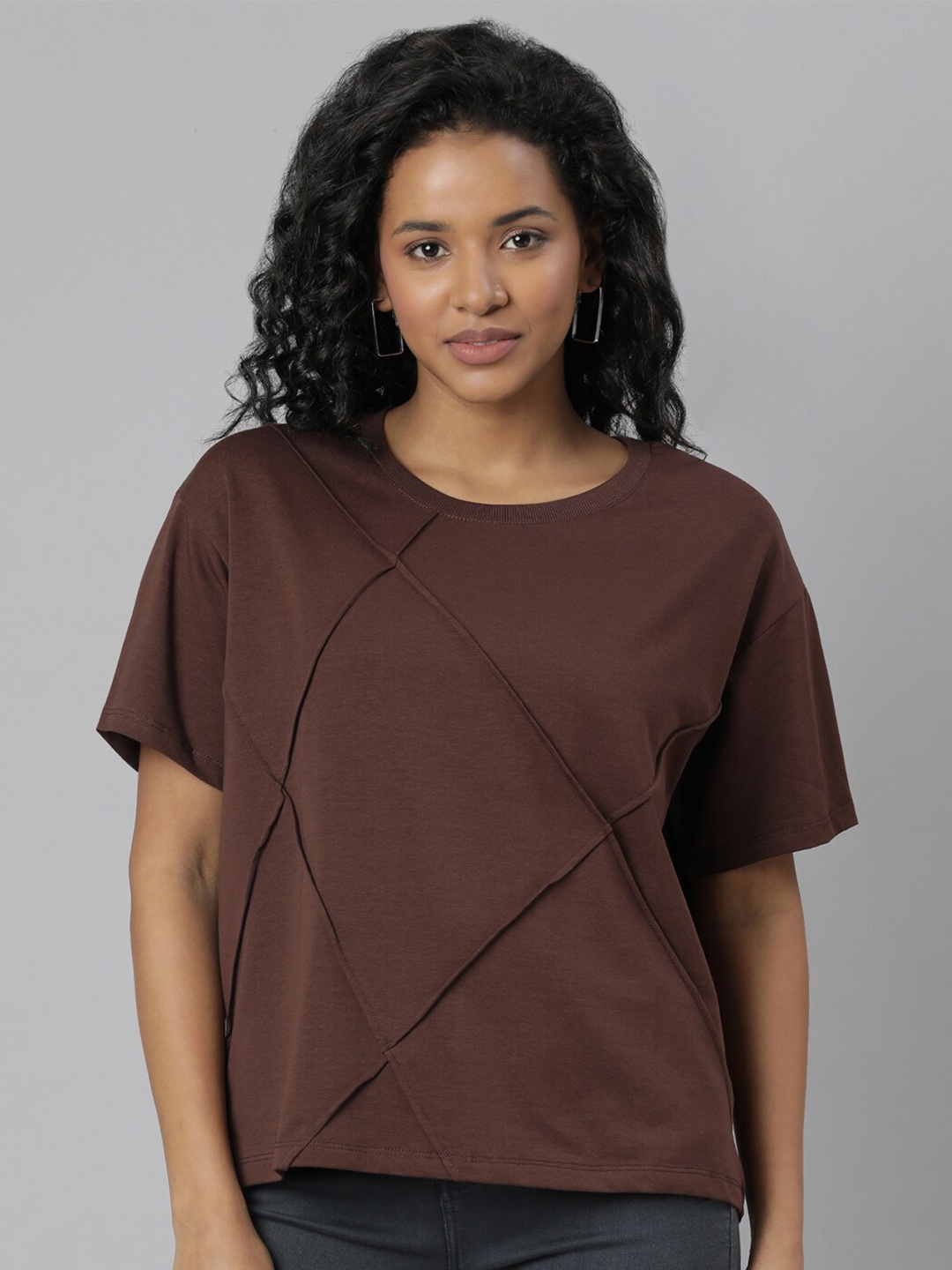 

SHOWOFF Self Design Boxy Cotton T-shirt, Brown