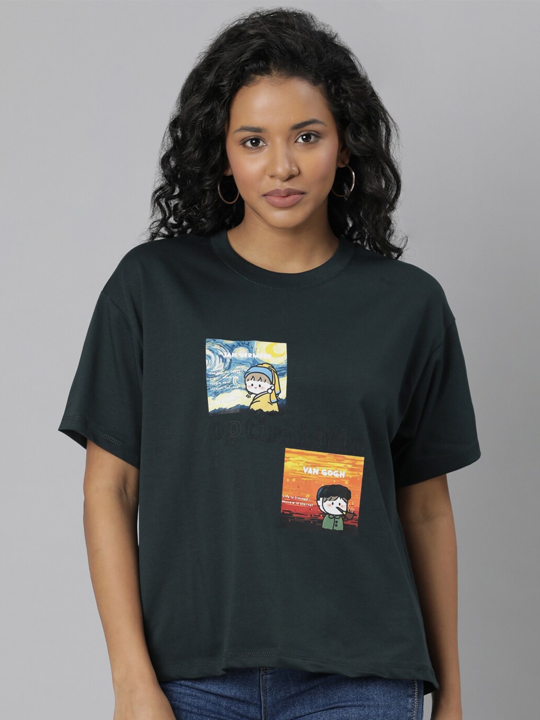 

SHOWOFF Graphic Printed Drop-Shoulder Sleeves Boxy Fit T-shirt, Green