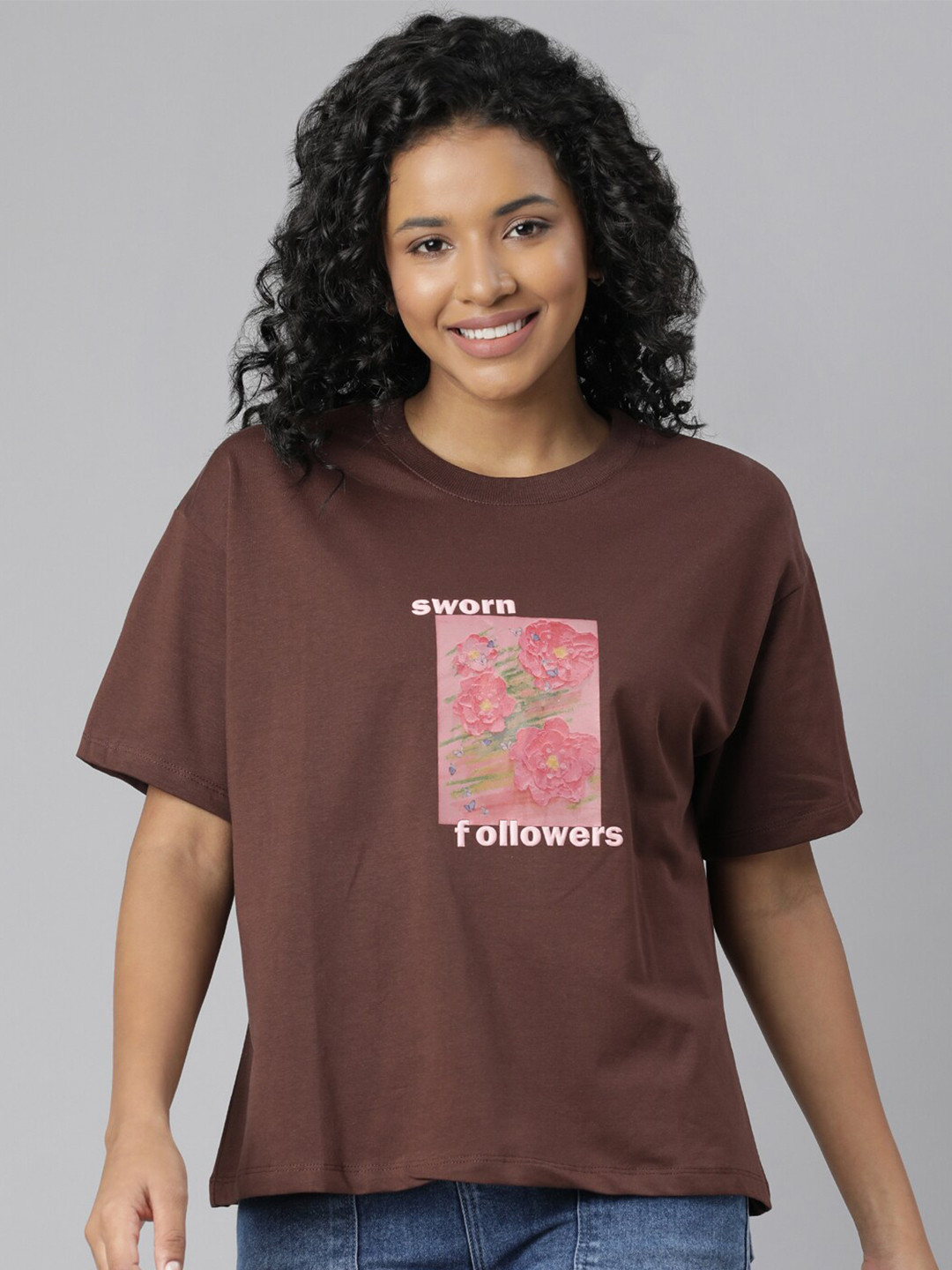 

SHOWOFF Floral Printed Drop-Shoulder Sleeves Boxy Fit T-Shirt, Brown