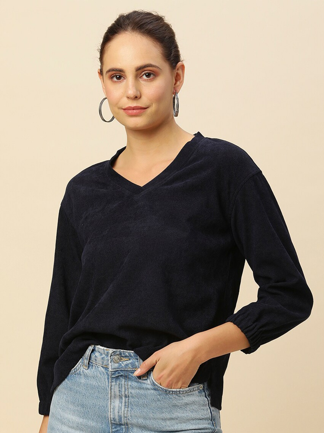 

Chemistry V-Neck Corduroy Drop Shoulder Sleeves Top, Navy blue