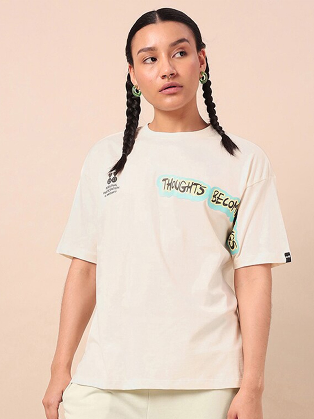 

Bewakoof White Typography Printed Oversized Cotton T-shirt