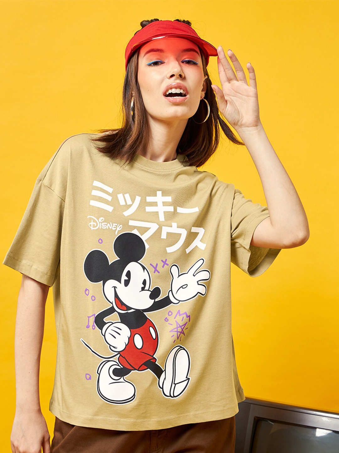 

Bewakoof Beige Mickey Mouse Printed Cold-Shoulder Sleeves Cotton Oversized T-shirt