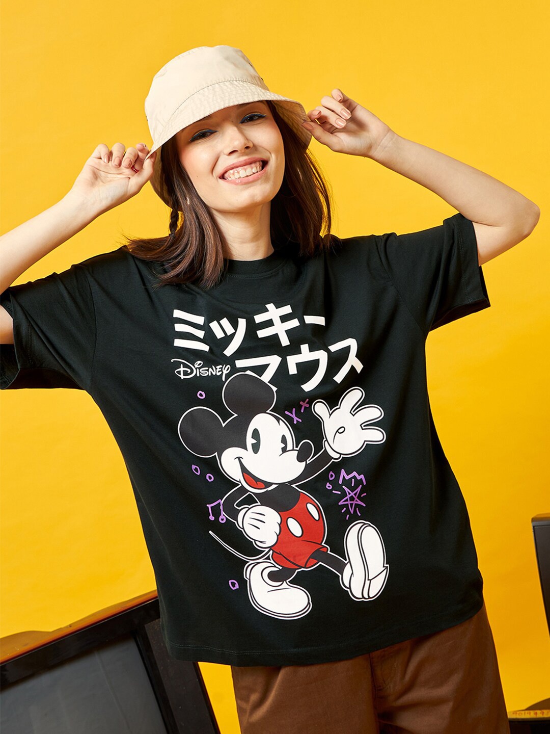 

Bewakoof Black Mickey Mouse Printed Cold-Shoulder Sleeves Cotton Oversized T-shirt