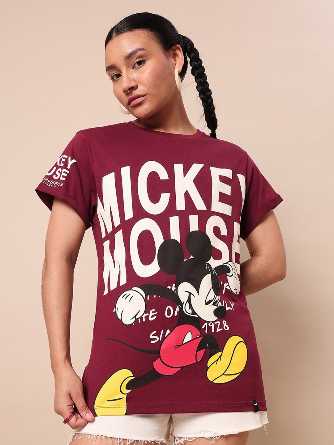 

Bewakoof Maroon & White Mickey Mouse Printed Relaxed Fit Cotton T-Shirt
