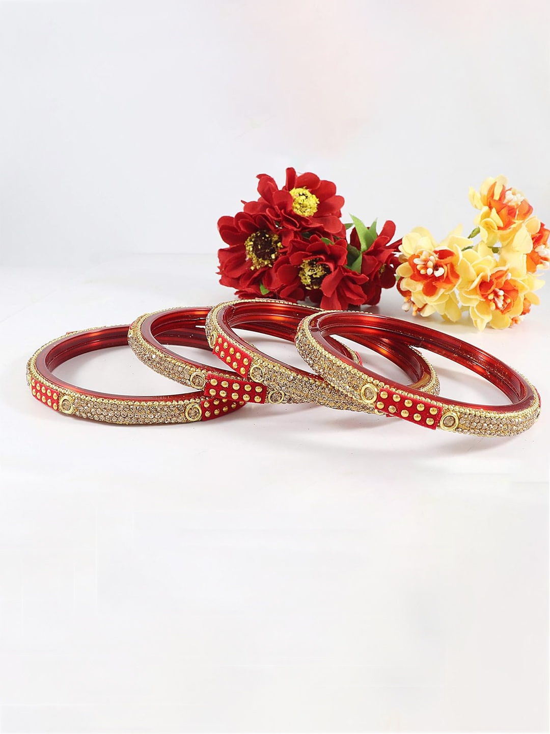 

NMII Set Of 4 Stone-Studded Bangles, Red