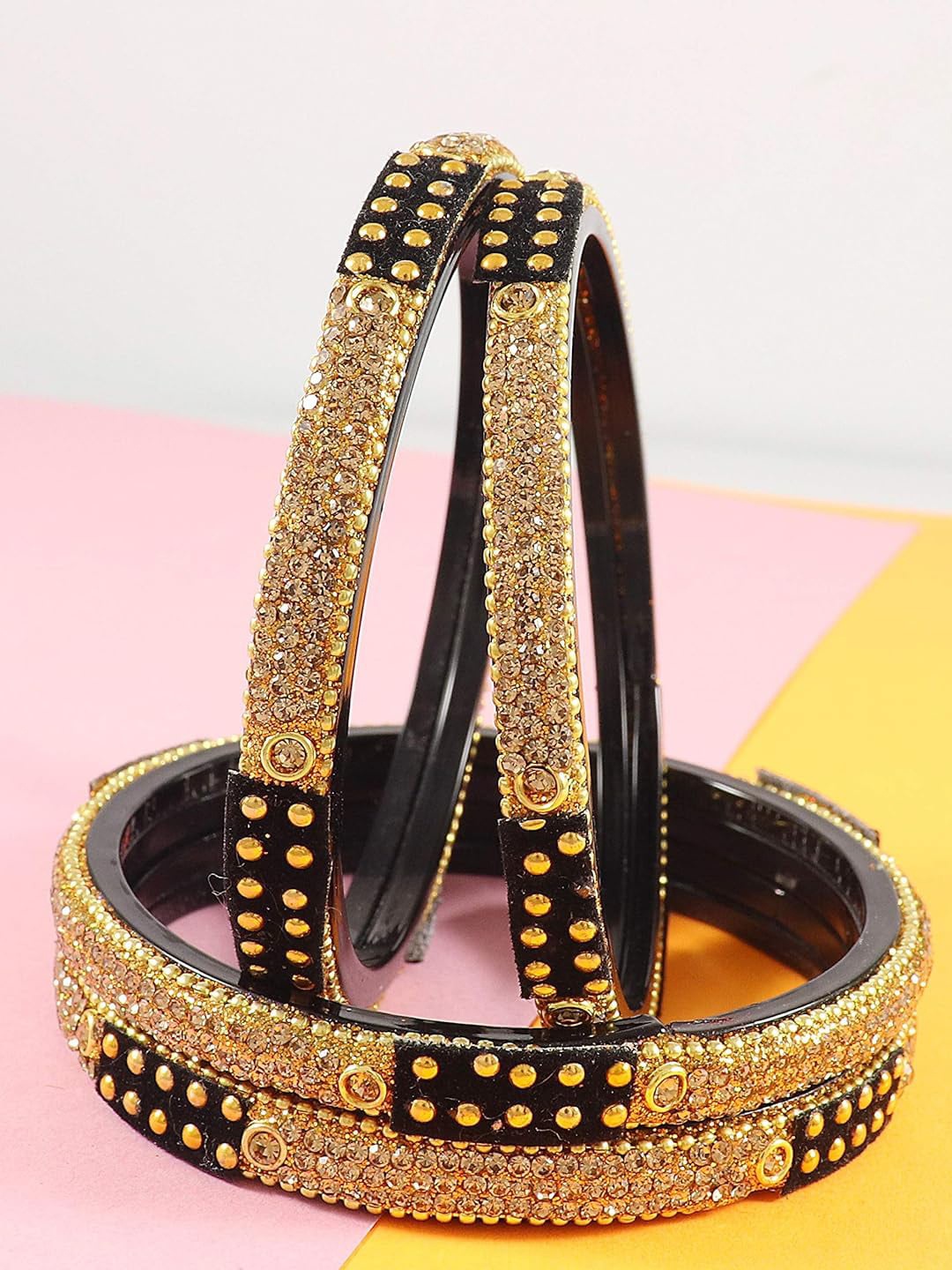 

NMII Set Of 4 Glossy Finished Glitter Kada Bangles, Black