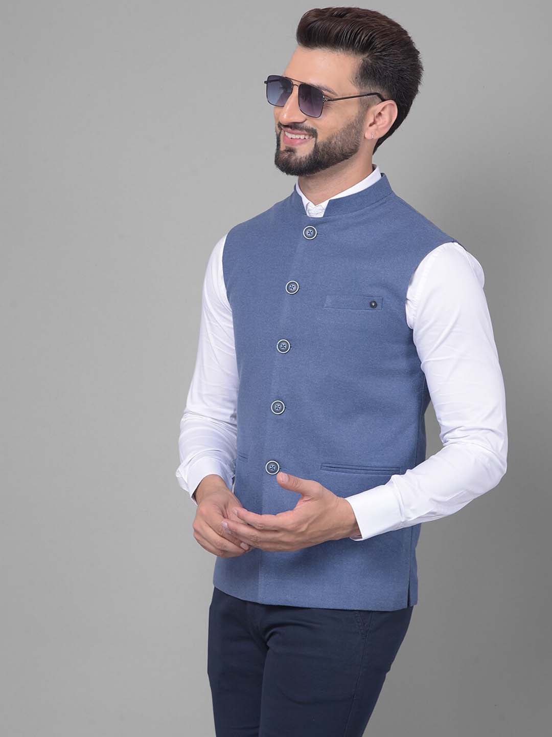 

Crimsoune Club Pure Cotton Nehru Jacket, Blue