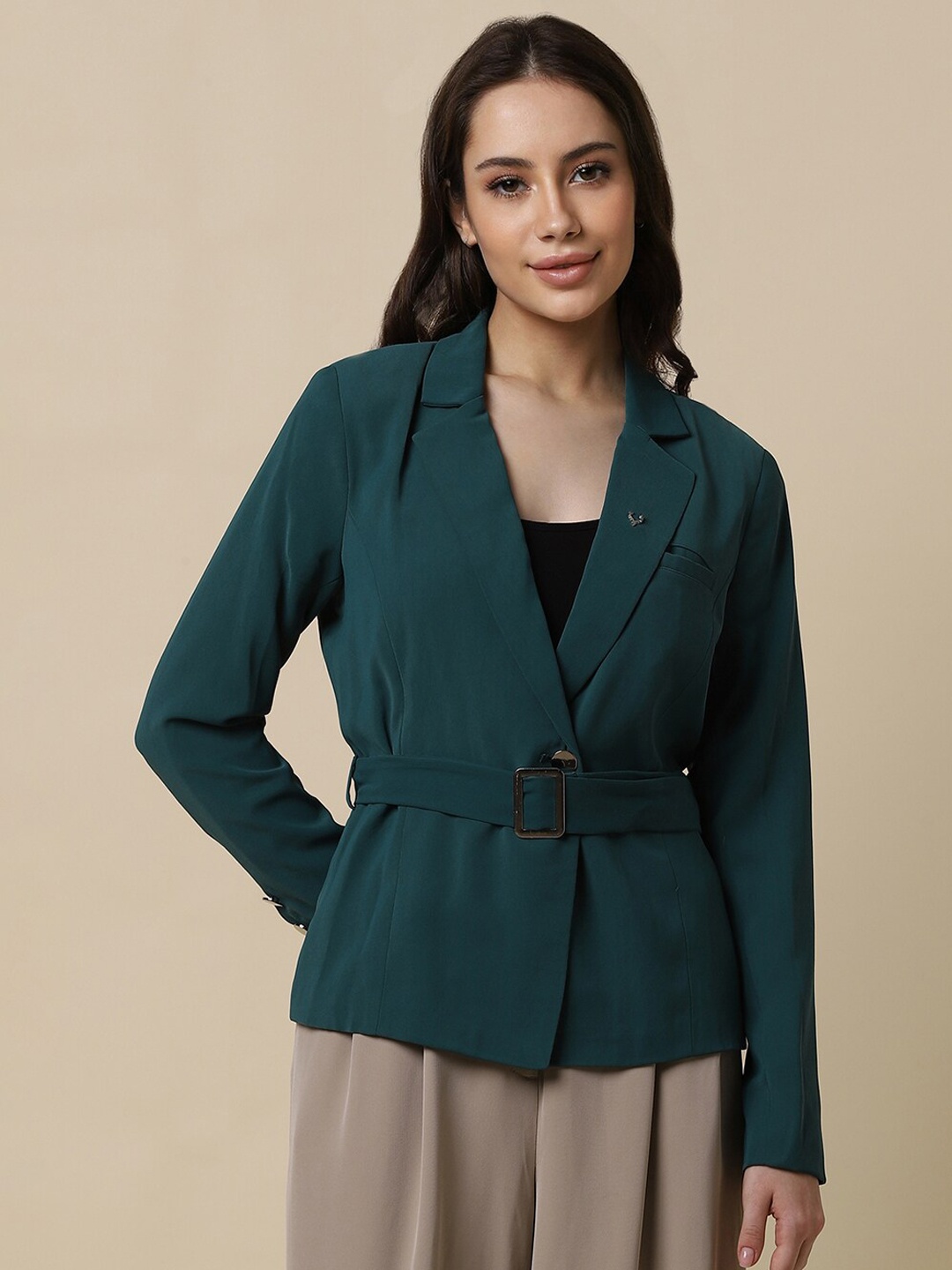 

Allen Solly Woman Notched Lapel Long Sleeves Single-Breasted Blazer, Green