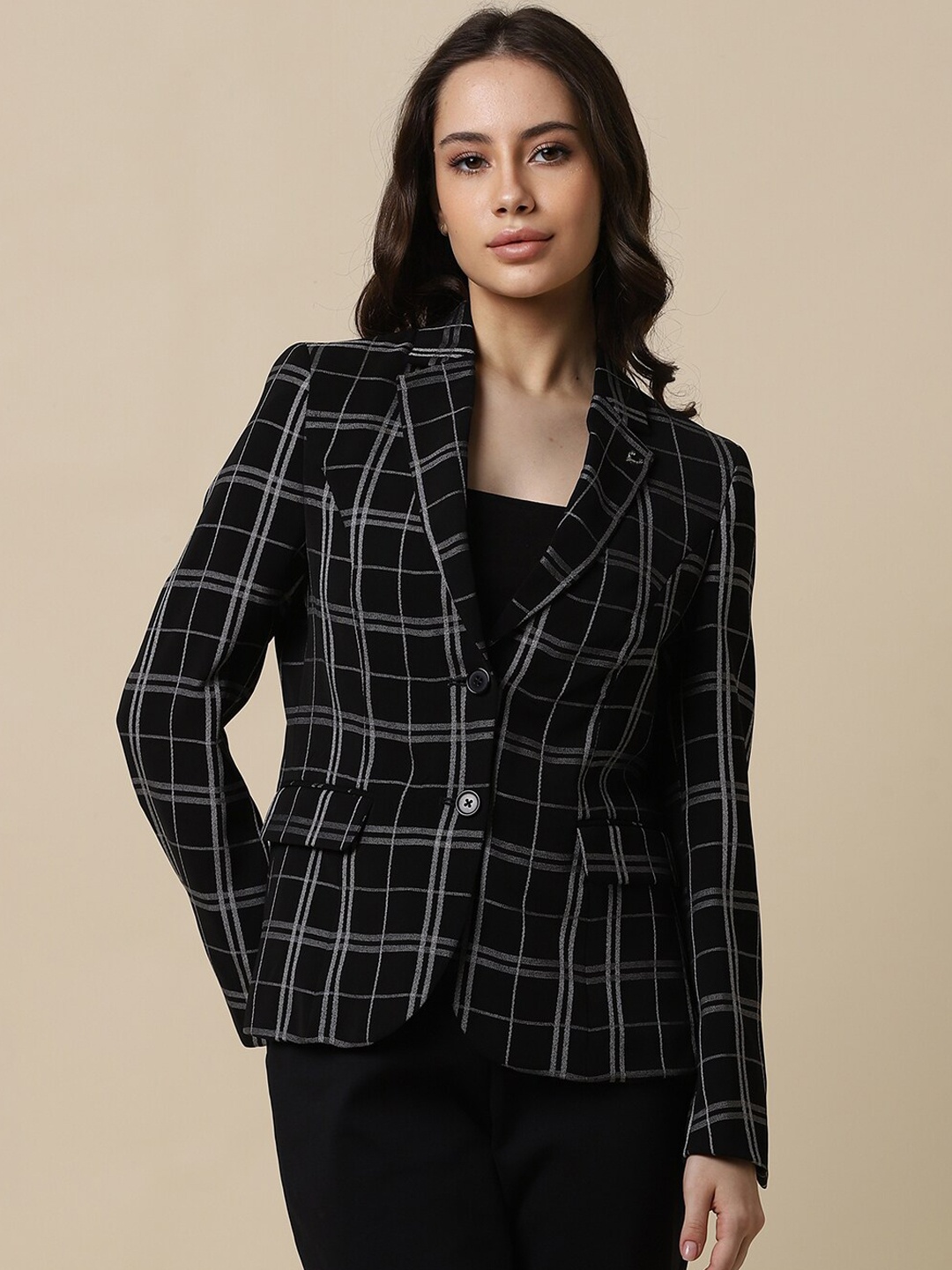 

Allen Solly Woman Checked Notched Lapel Collar Single-Breasted Formal Blazer, Black