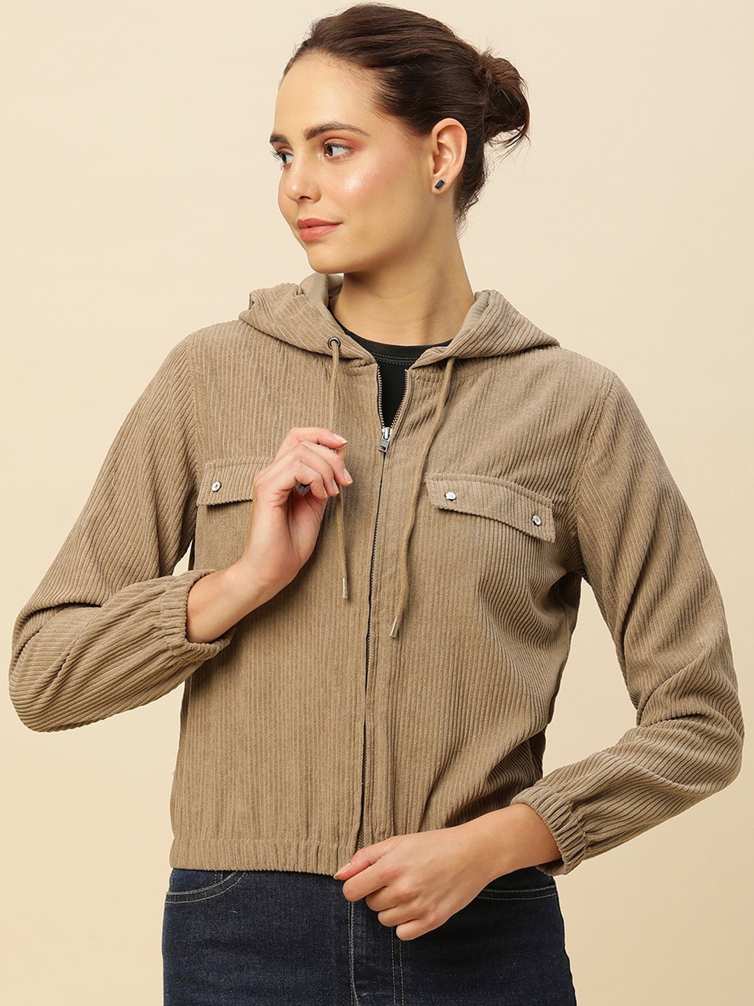 

Chemistry Hooded Corduroy Crop Bomber Jacket, Tan