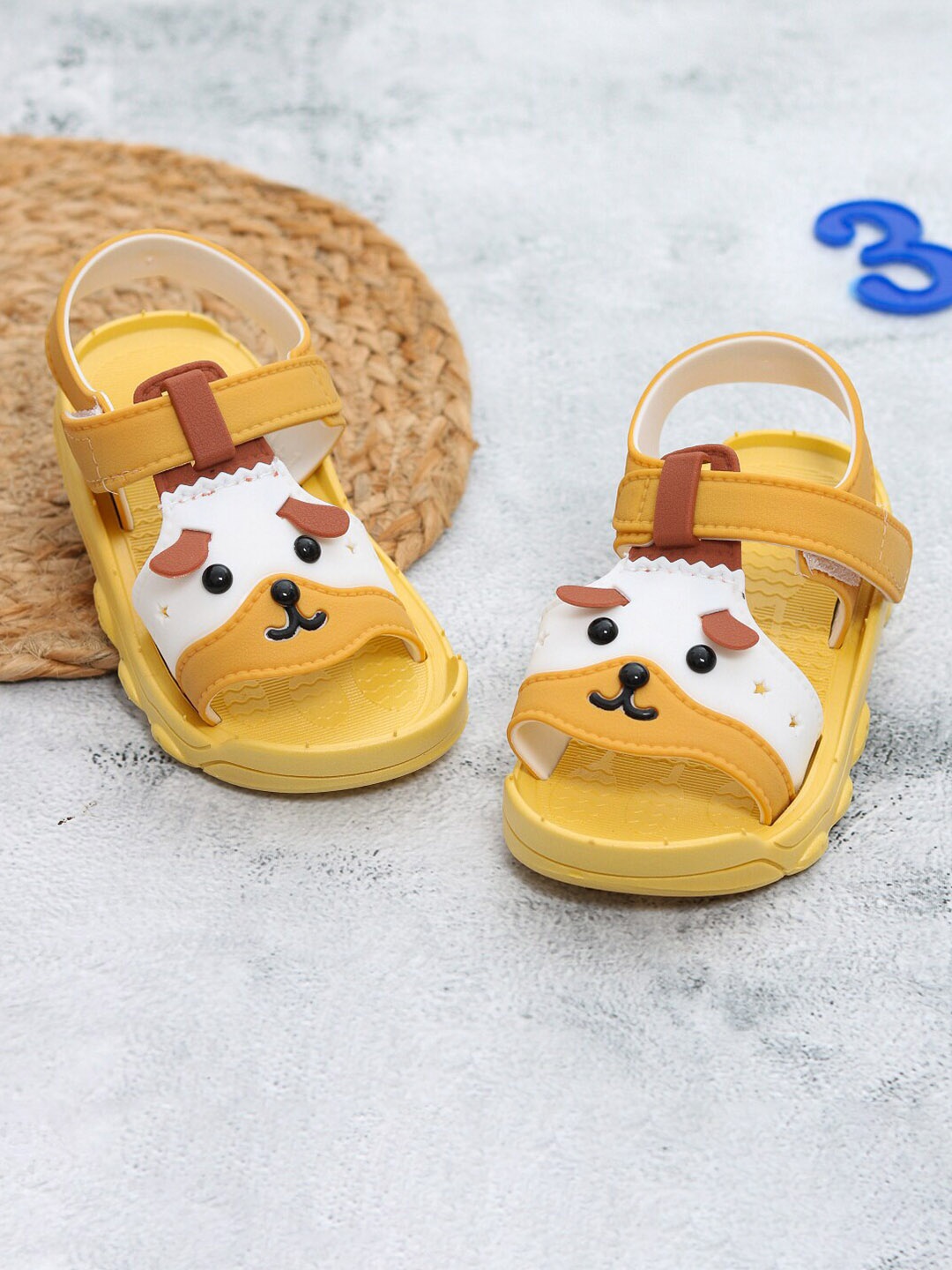 

Yellow Bee Boys Puppy Embellished Rubber Slip On Flip Flops With Hook and Loop Closure