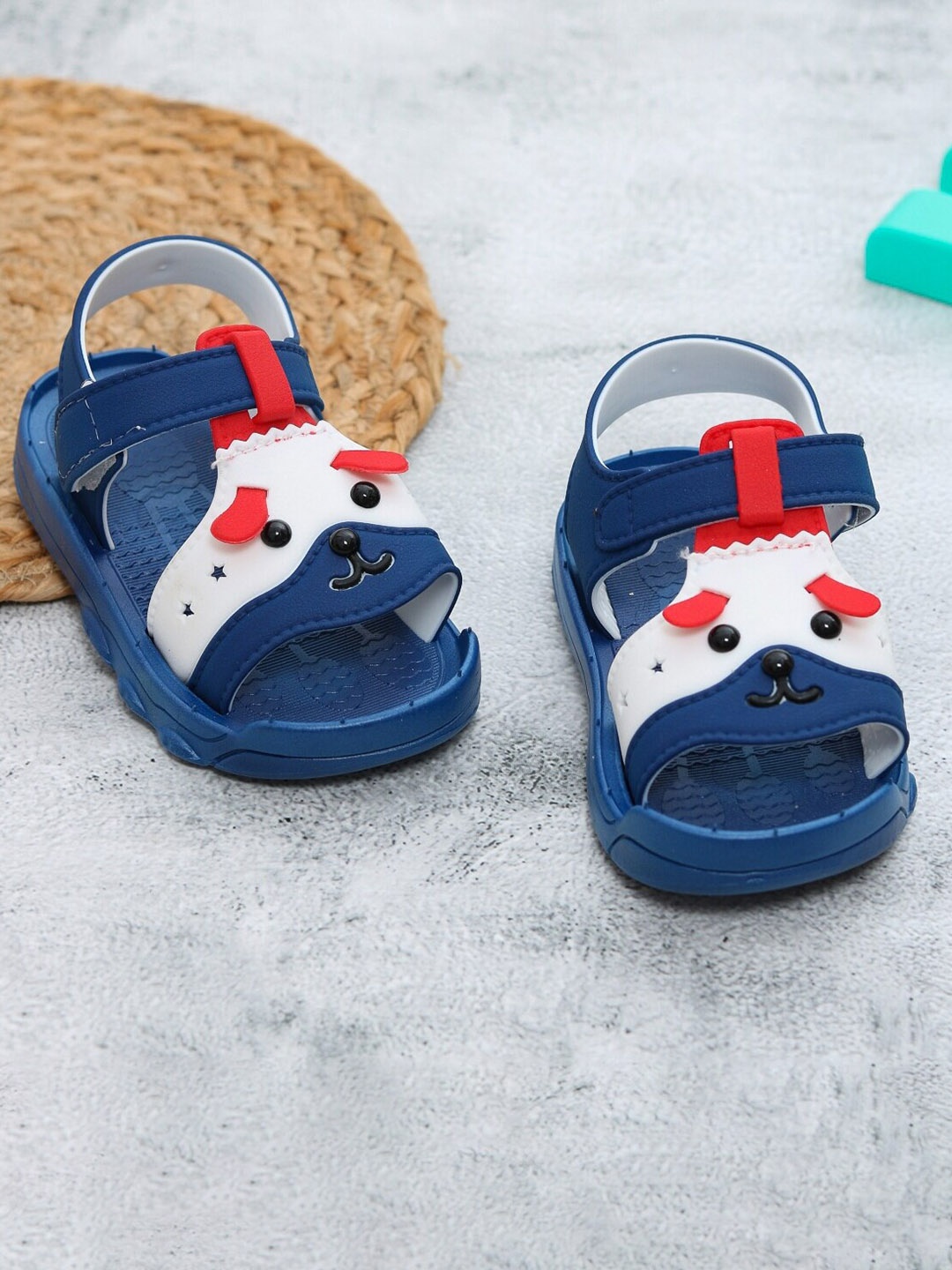 

Yellow Bee Boys Puppy Embellished Rubber Slip On Flip Flops With Hook and Loop Closure, Navy blue