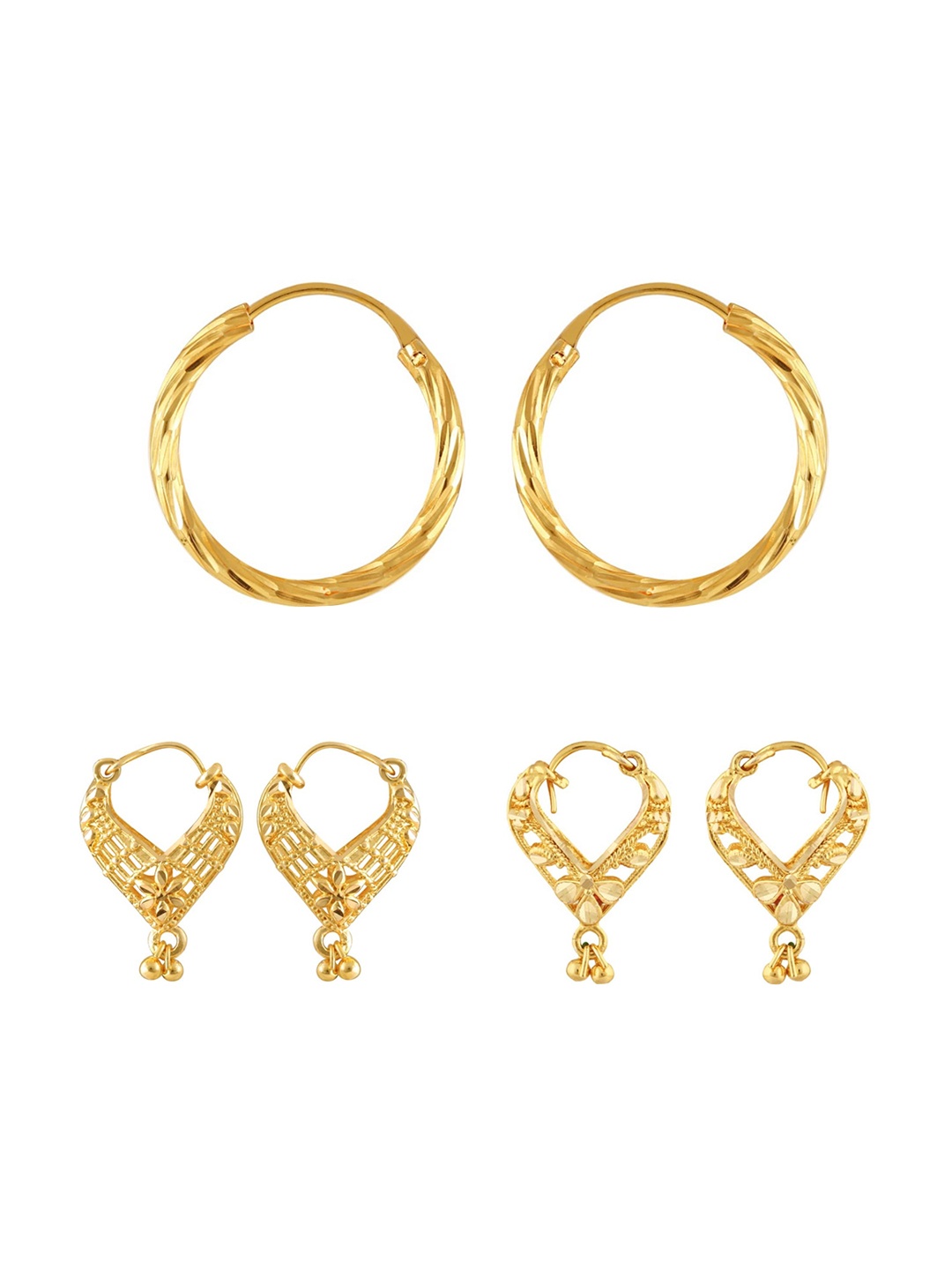 Vighnaharta Set Of 3 Gold-Plated Floral Hoop Earrings