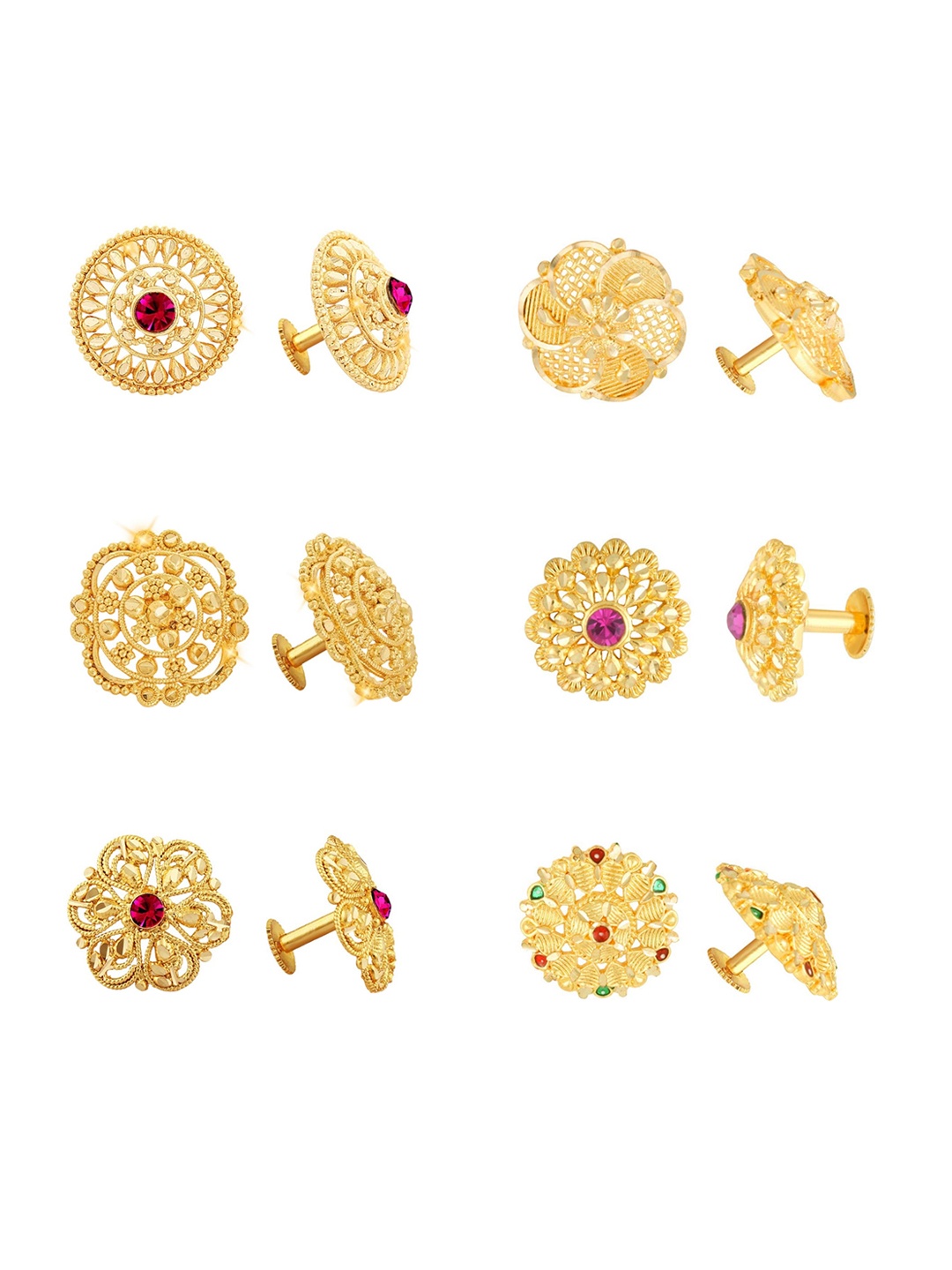 Vighnaharta Set Of 6 Gold Plated Floral Studs Earrings