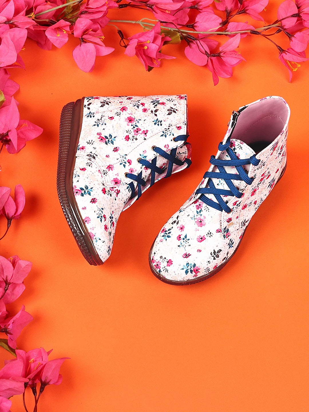 DChica Girls Floral Printed Mid-Top Regular Boots, White