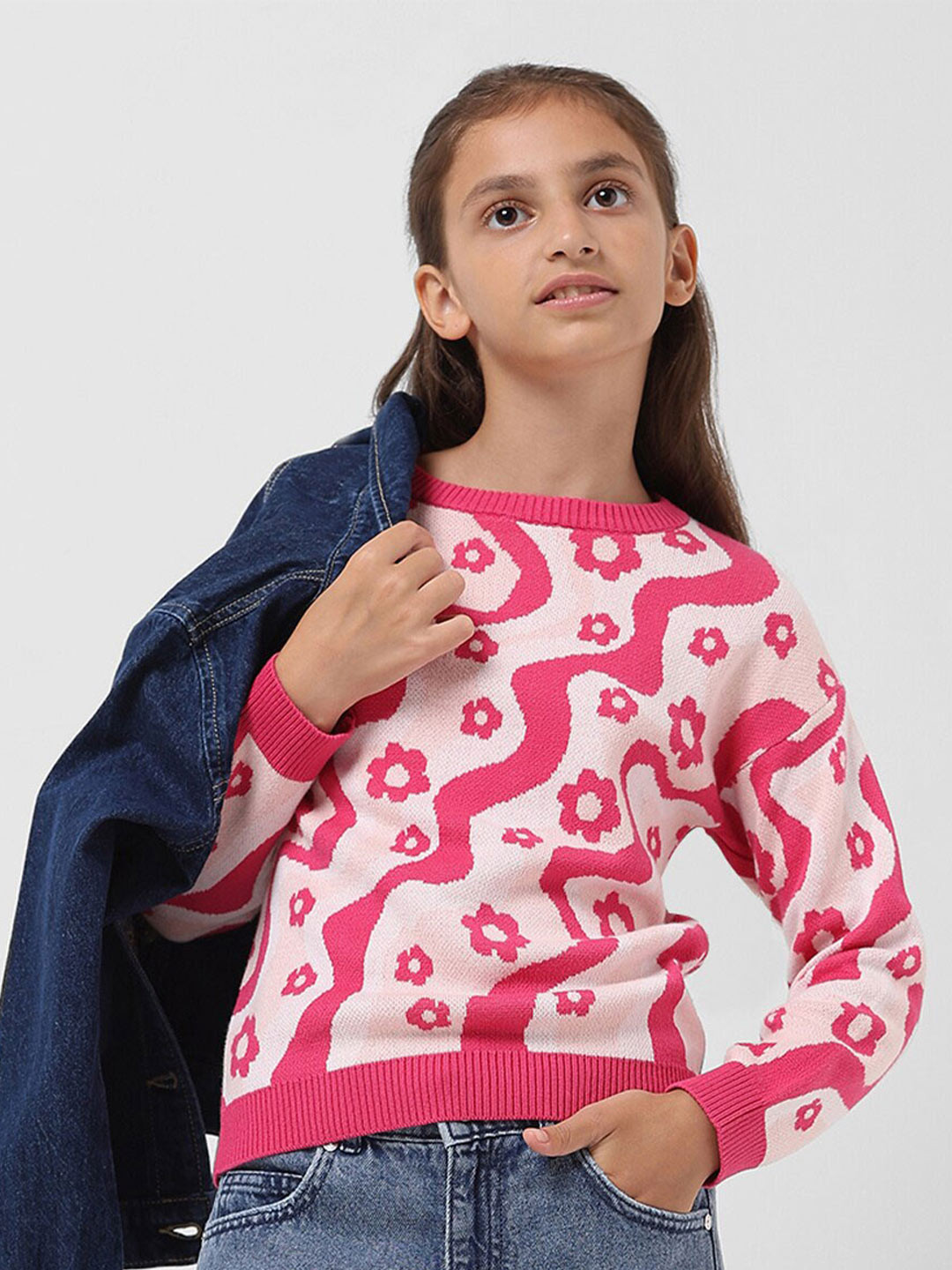 

Vero Moda Girls Floral Printed Pure Cotton Pullover, Pink