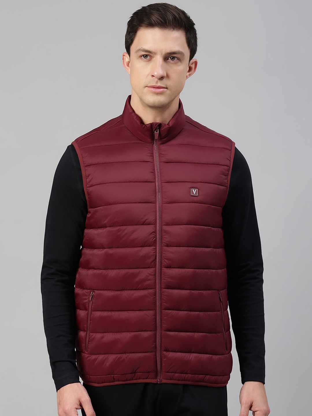 

Van Heusen Stand Collar Sleeveless Quilted Jacket With Zip Detail, Maroon