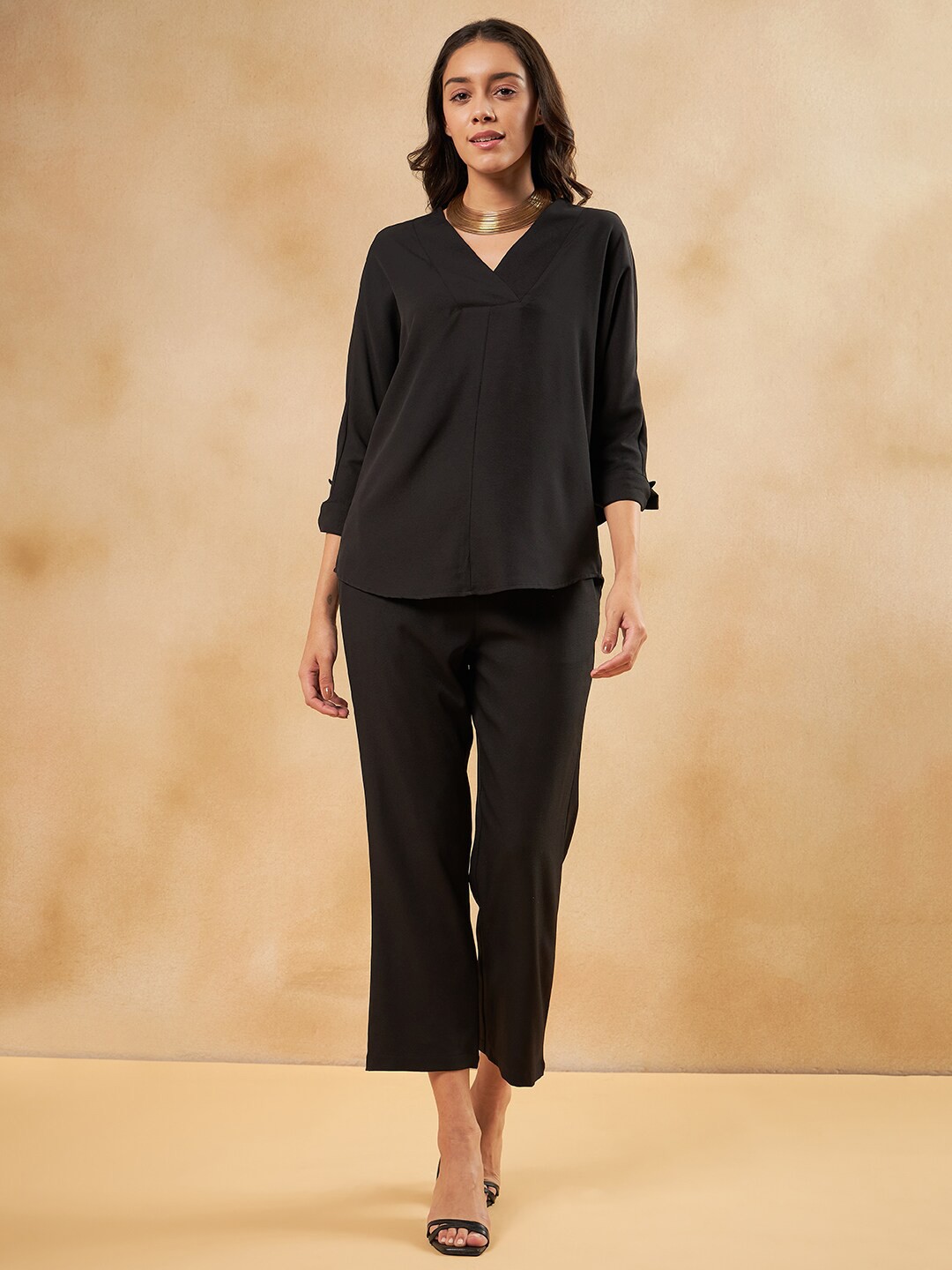 

Femella V-Neck Pure Cotton Top With Trouser, Black