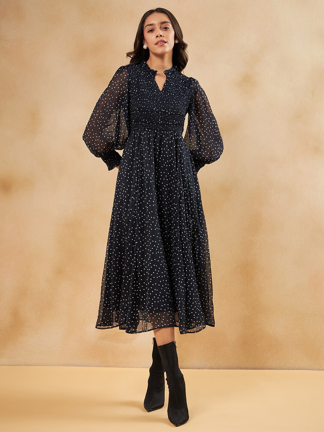 

Femella Polka Dots Printed Mandarin Collar Puff Sleeve Smocked Fit & Flare Midi Dress, Navy blue