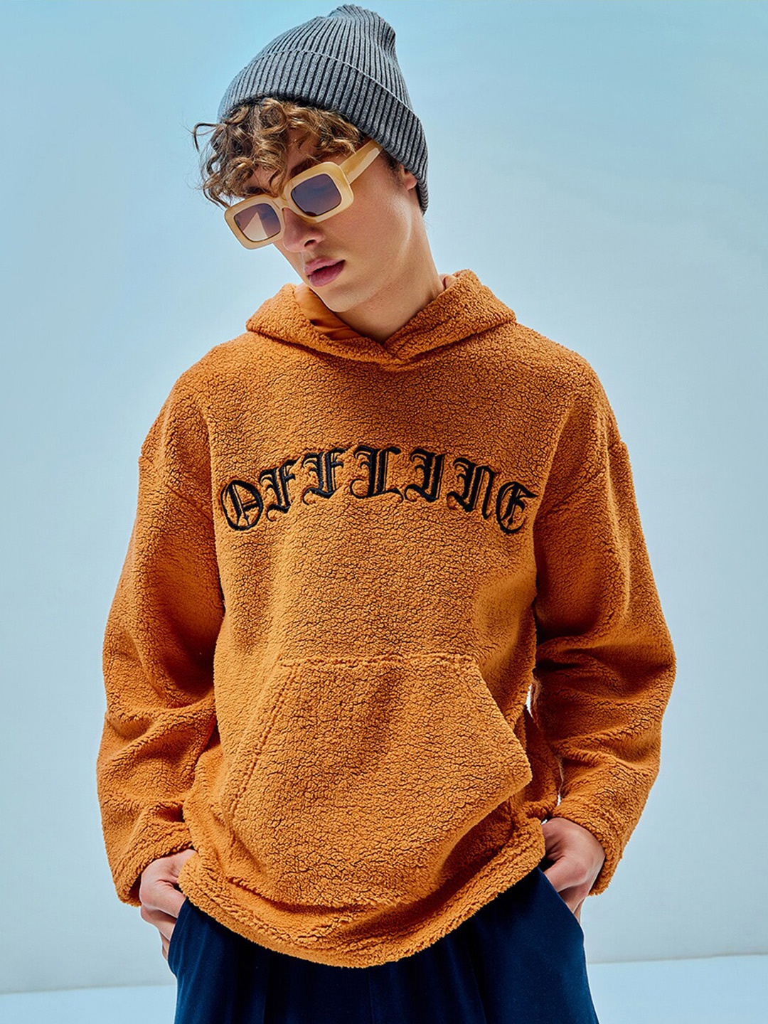 

Bewakoof Orange Typography Printed Hooded Fleece Oversized Pullover Sweatshirt