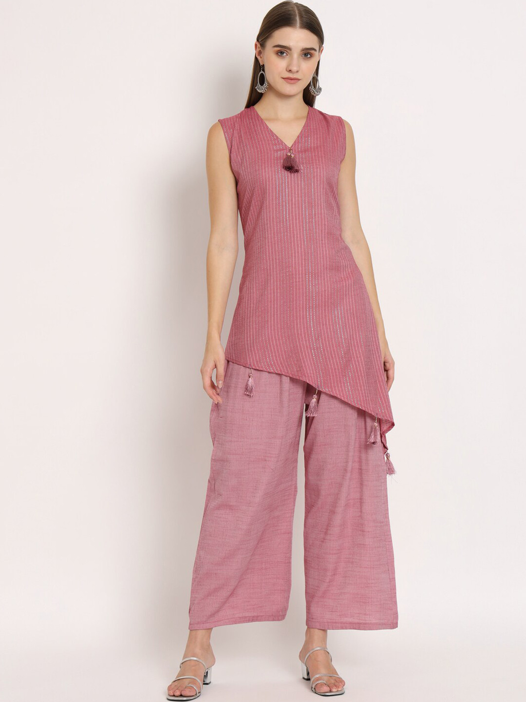 

HEY HOTTIE Pure Cotton V-Neck Tunic With Flared Trouser, Maroon