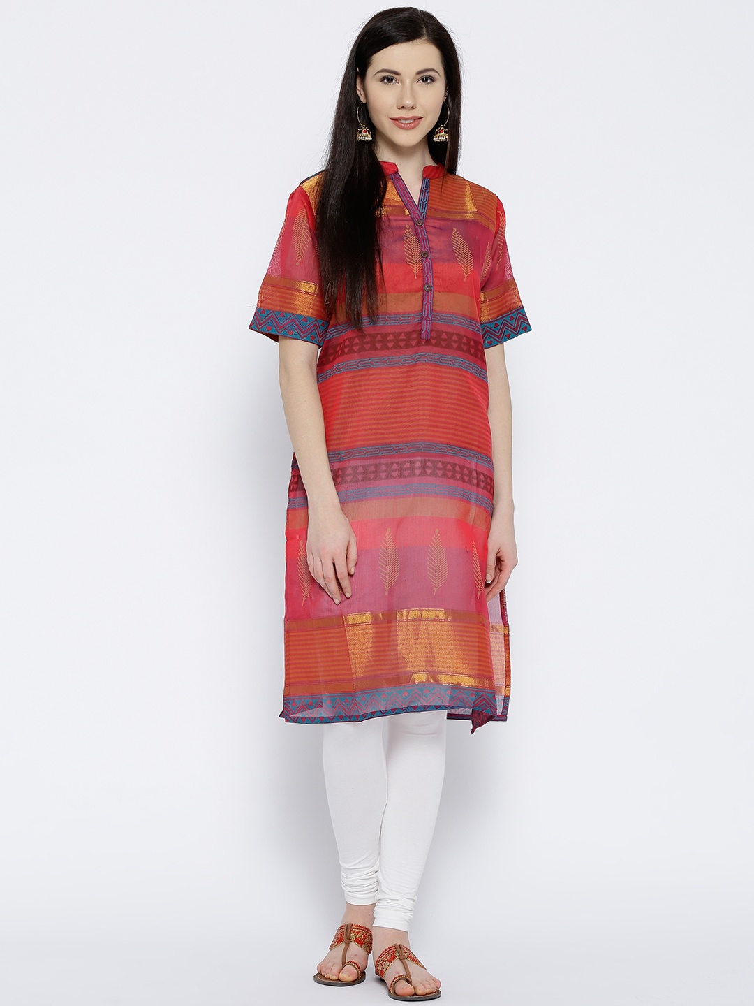 

Jashn Women Red Striped Sheer Straight Kurta
