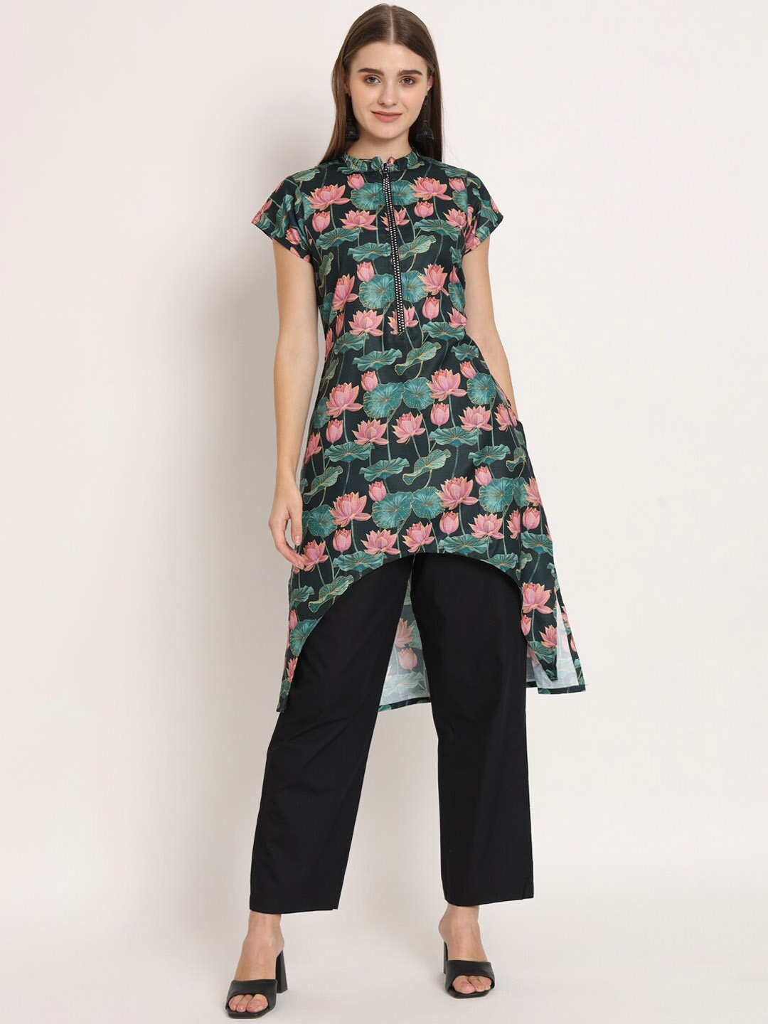

HEY HOTTIE Printed Mandarin Collar Neck Tunic With Trouser, Black