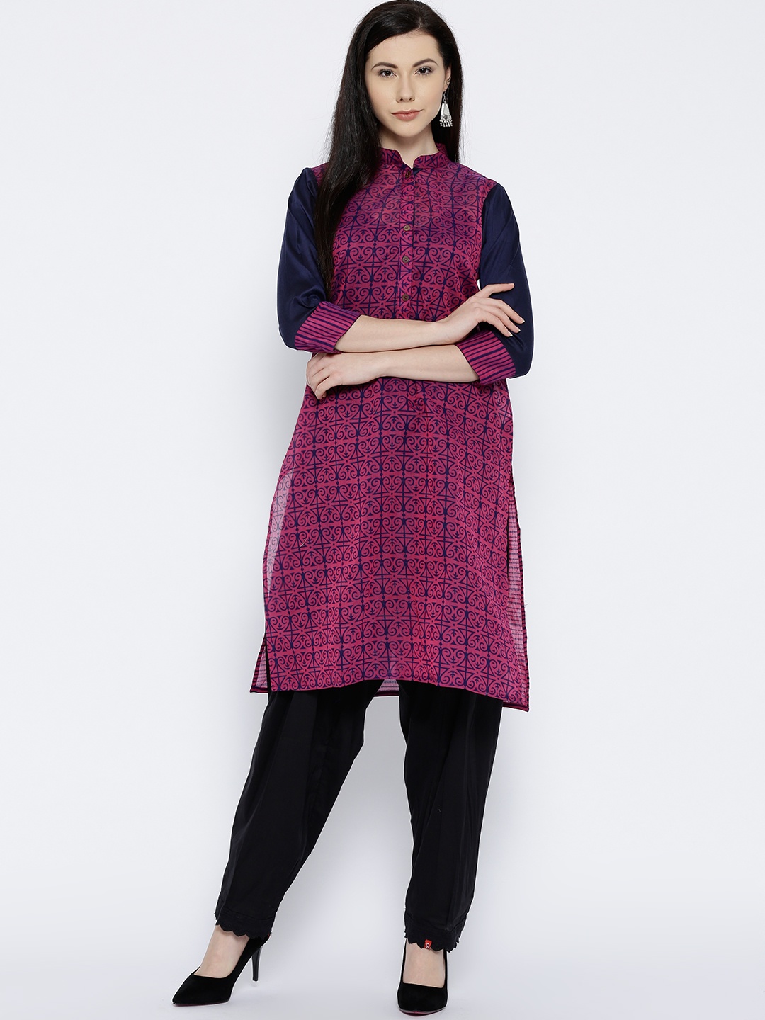 

Jashn Women Pink & Navy Blue Printed Straight Kurta