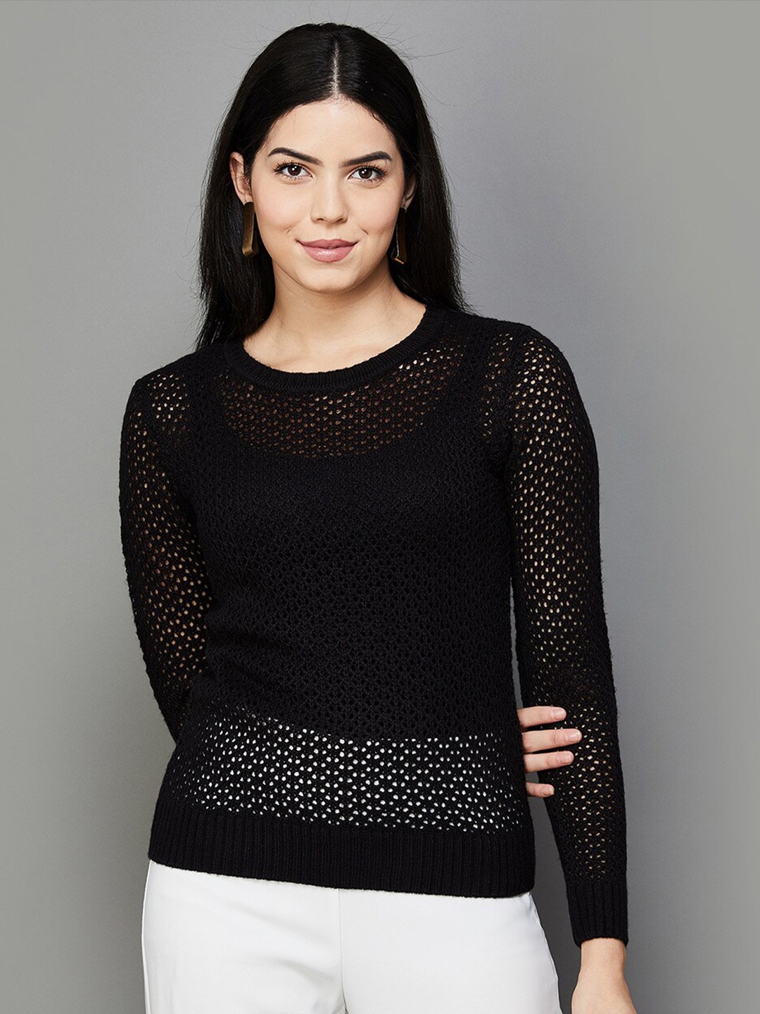 

CODE by Lifestyle Flat Knit Self Design Acrylic Sheer Regular Top, Black