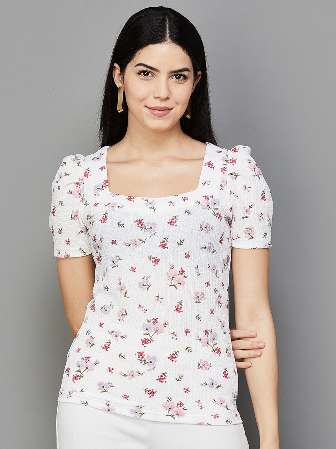 

CODE by Lifestyle Floral Printed Puff Sleeves Regular Top, Off white