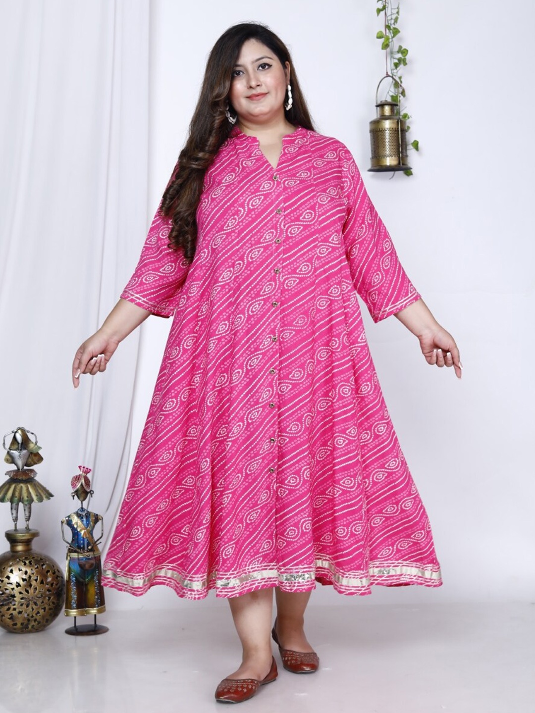 

Swasti Plus Size Ethnic Motifs Printed A-Line Midi Ethnic Dress, Pink