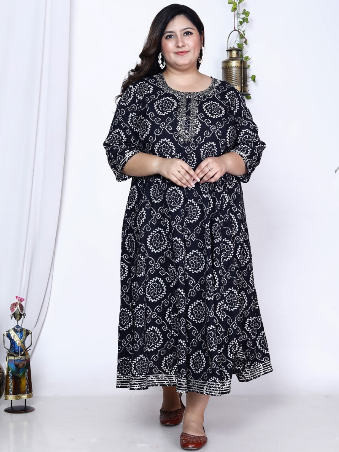 

Swasti Plus Size Ethnic Motifs Printed Embroidered Maxi Dress, Black