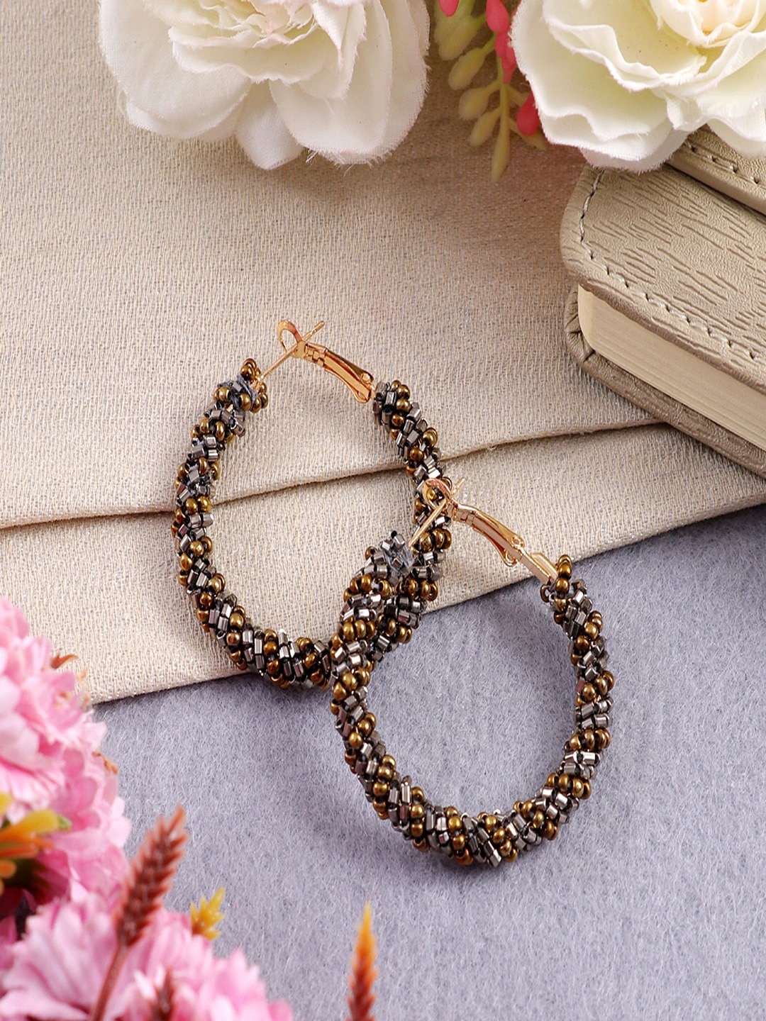 

UNIVERSITY TRENDZ Gold-Plated Beaded Classic Hoop Earrings, Grey