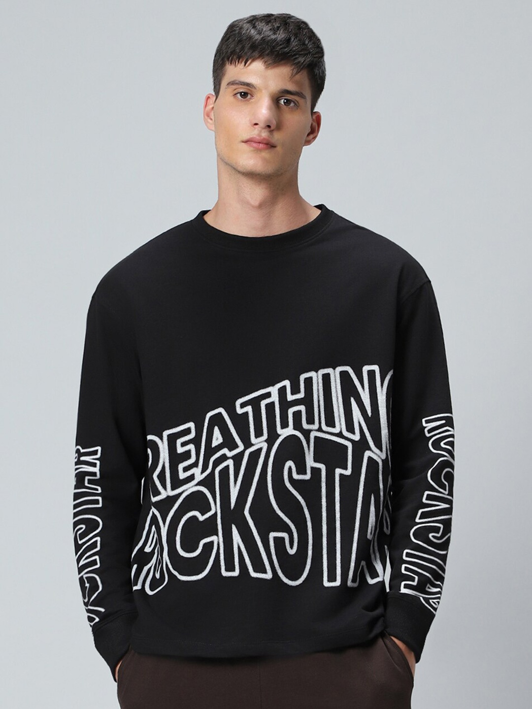 

Bewakoof Breathing Rockstar Typography Oversized T-shirt, Black