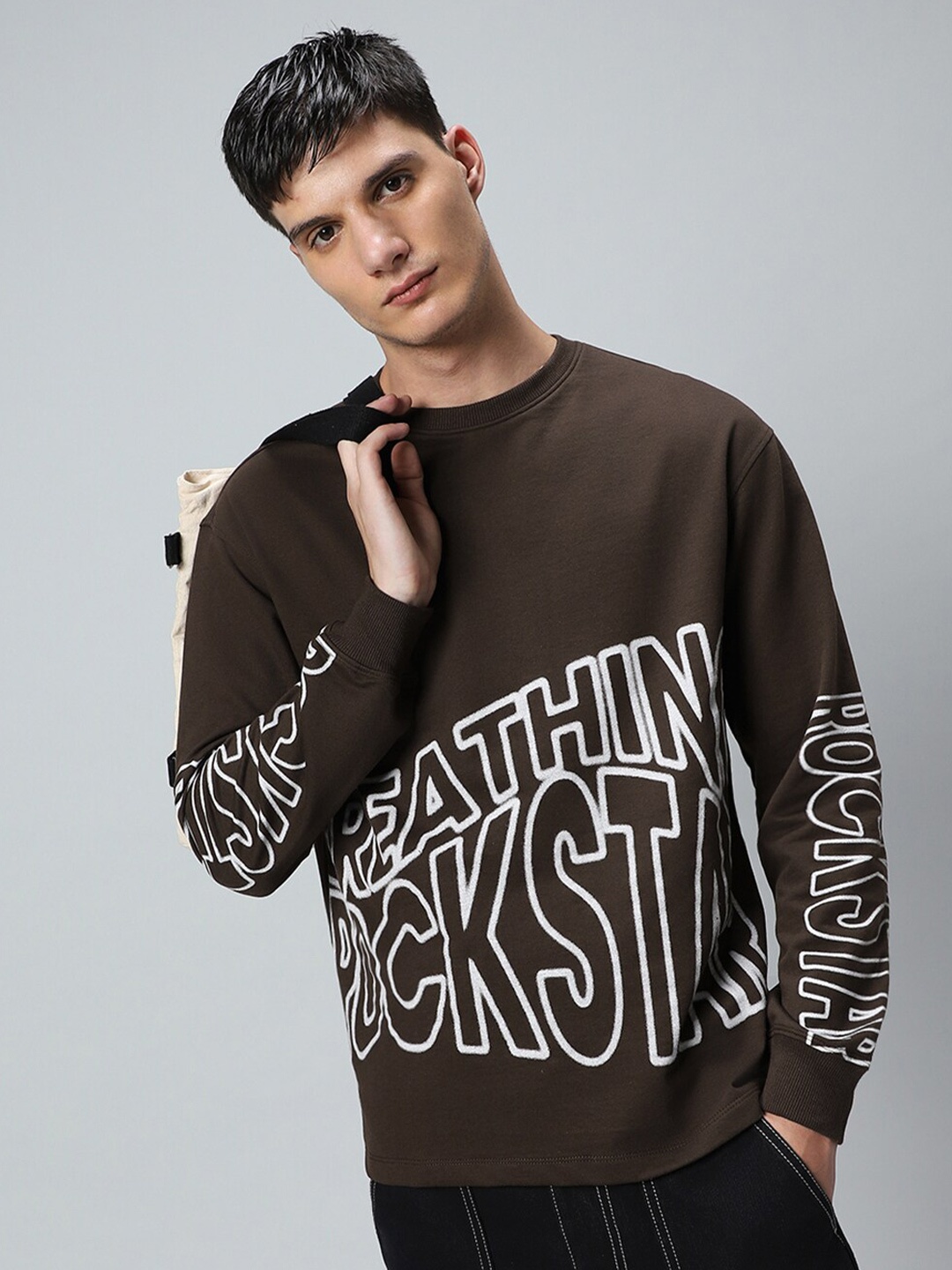 

Bewakoof Brown Typography Printed Round Neck Oversized Pullover Sweatshirt