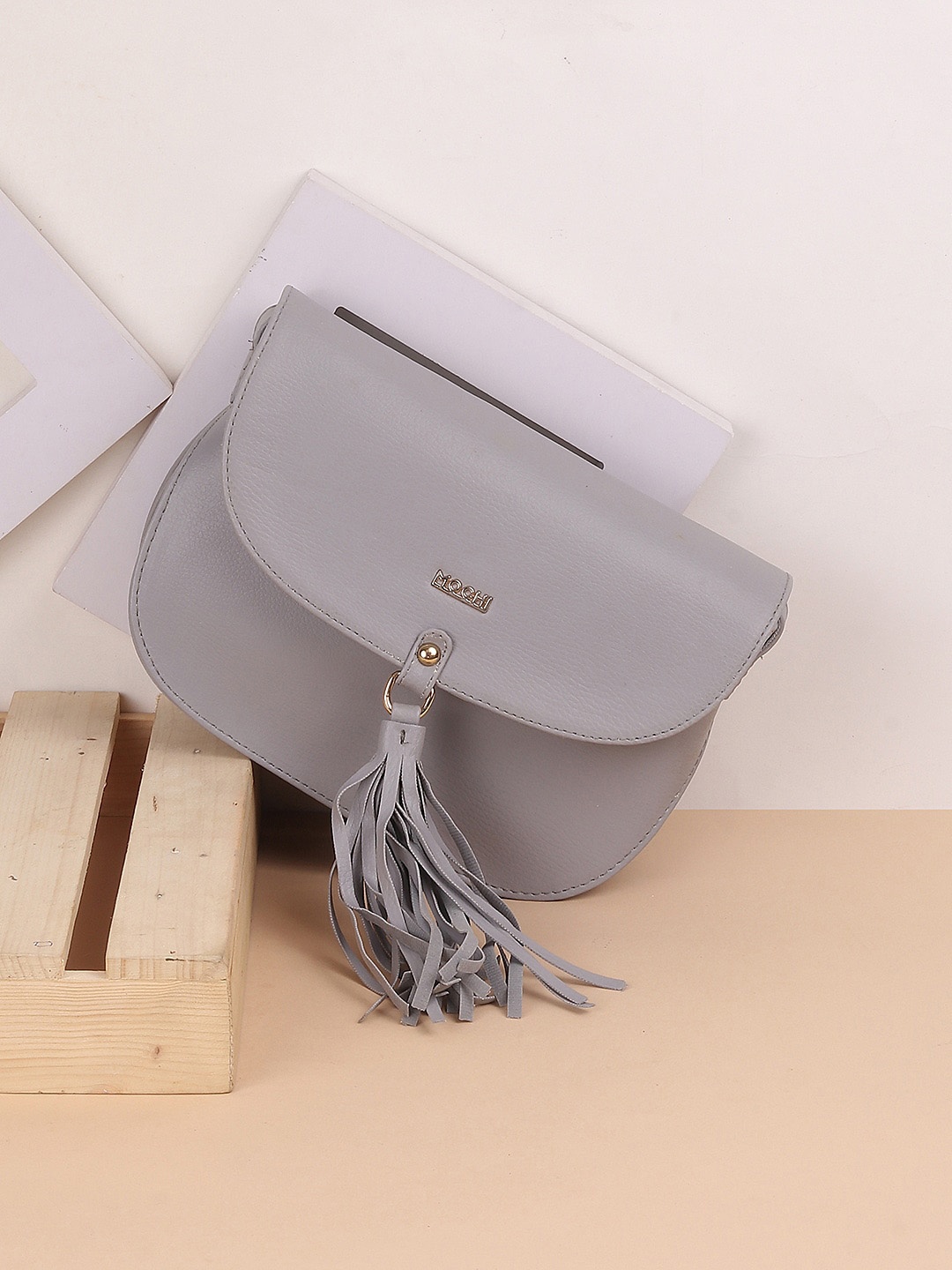 Mochi Textured Tasselled Structured Sling Bag, Grey