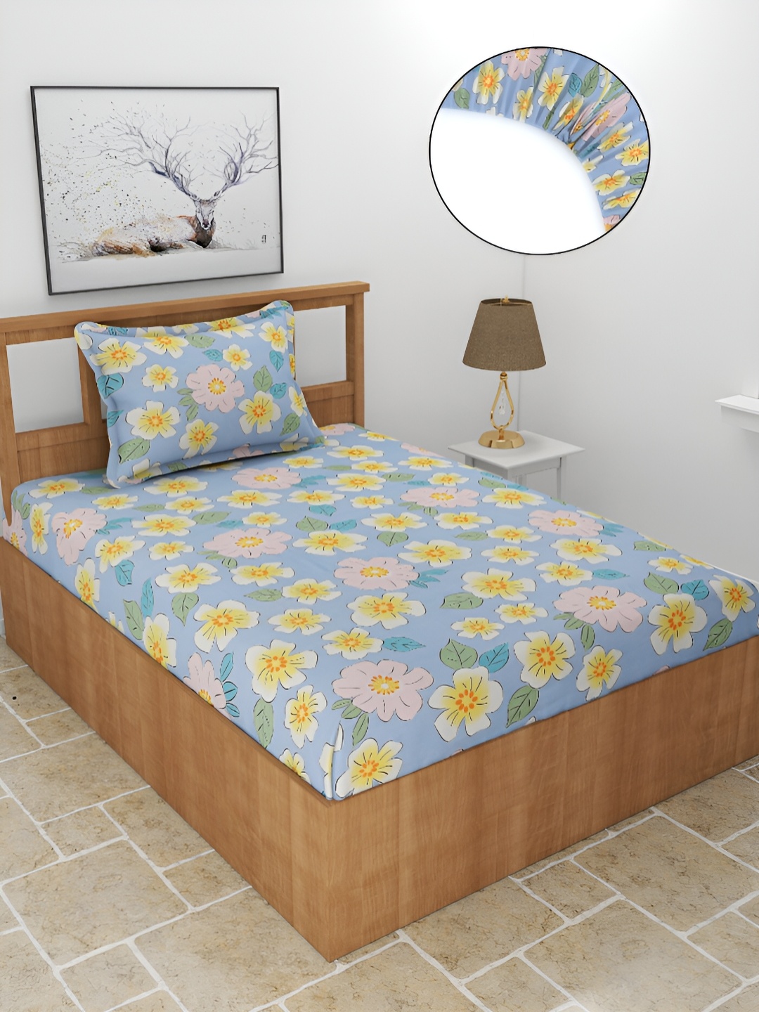 

BREVARD Blue & Orange Floral 210 TC Single Fitted Bedsheet with 1 Pillow Cover