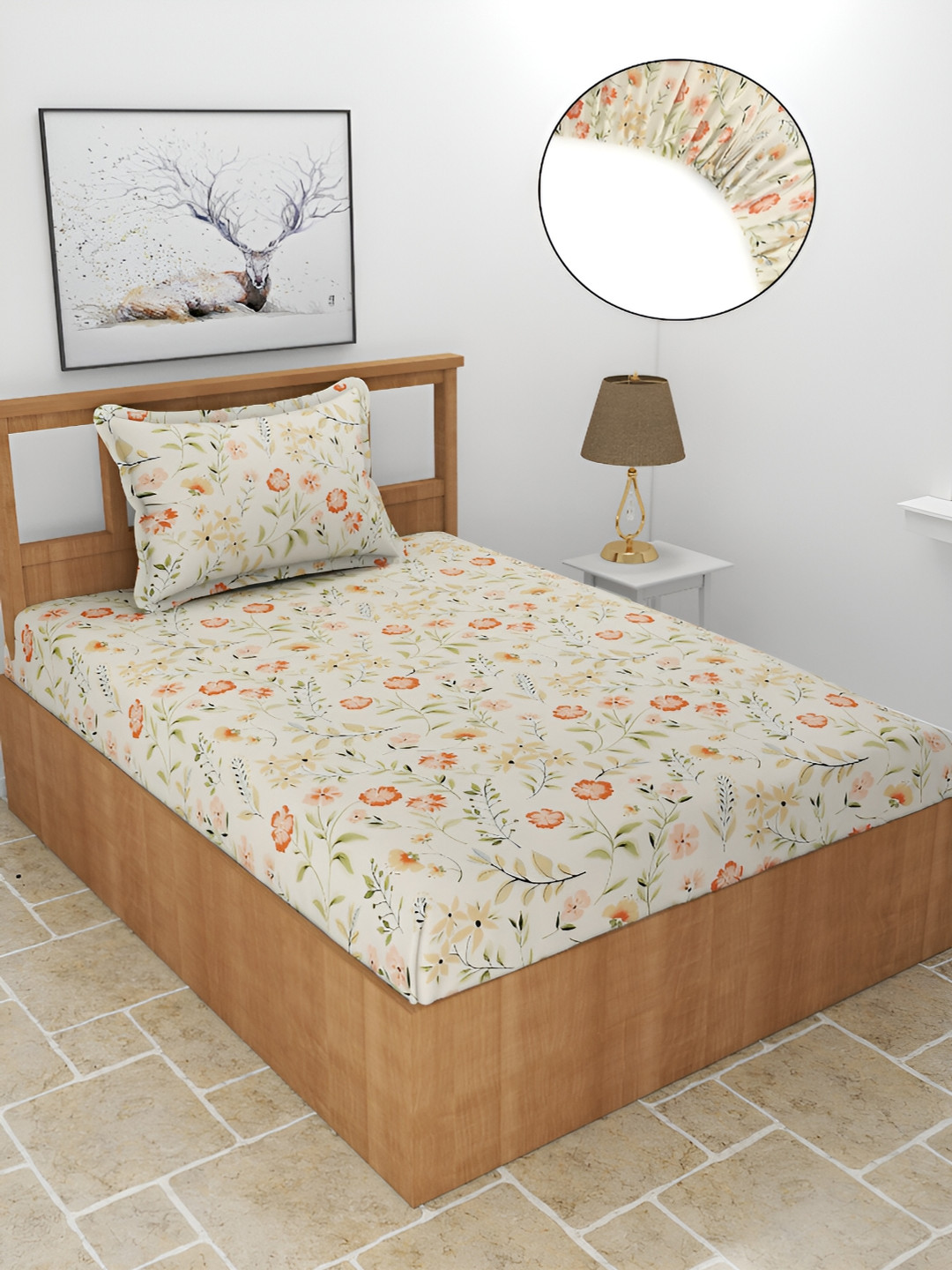 

BREVARD SnowD Fitted Floral Polycotton Off White 210 TC Single Bedsheet & Pillow Cover