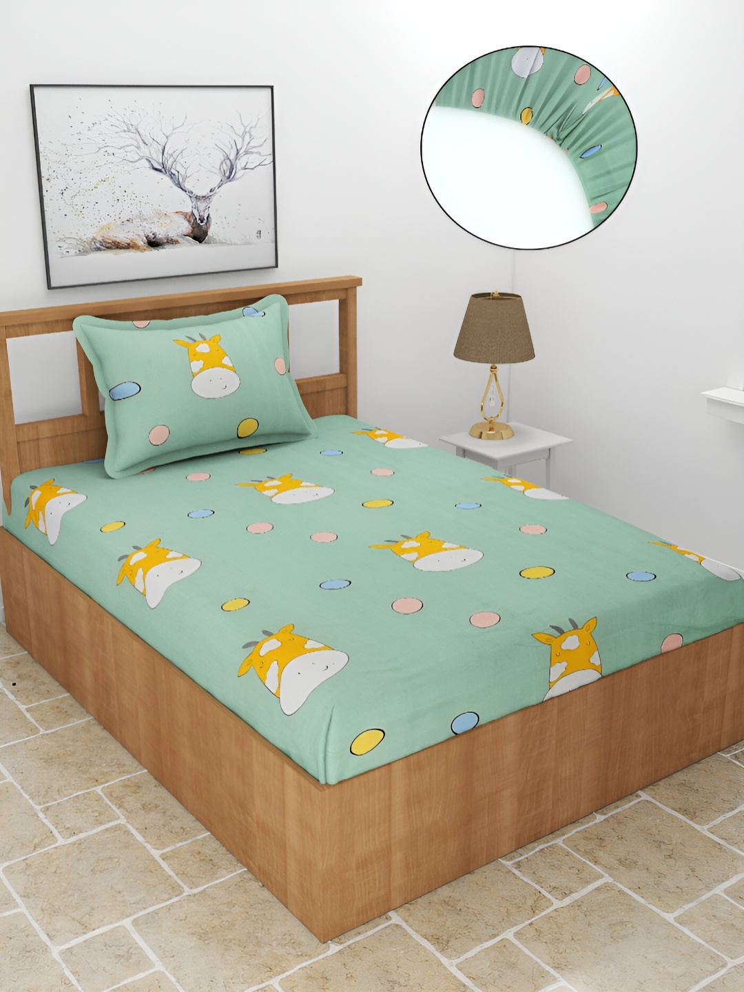 

BREVARD Green Cartoon Characters Polycotton Fitted 210 TC Single Bedsheet & 1 Pillow Cover