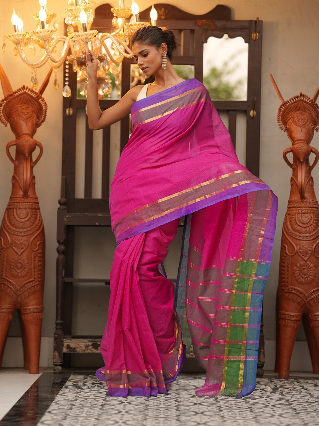 

Unnati Silks Pure Cotton Mangalagiri Saree, Pink
