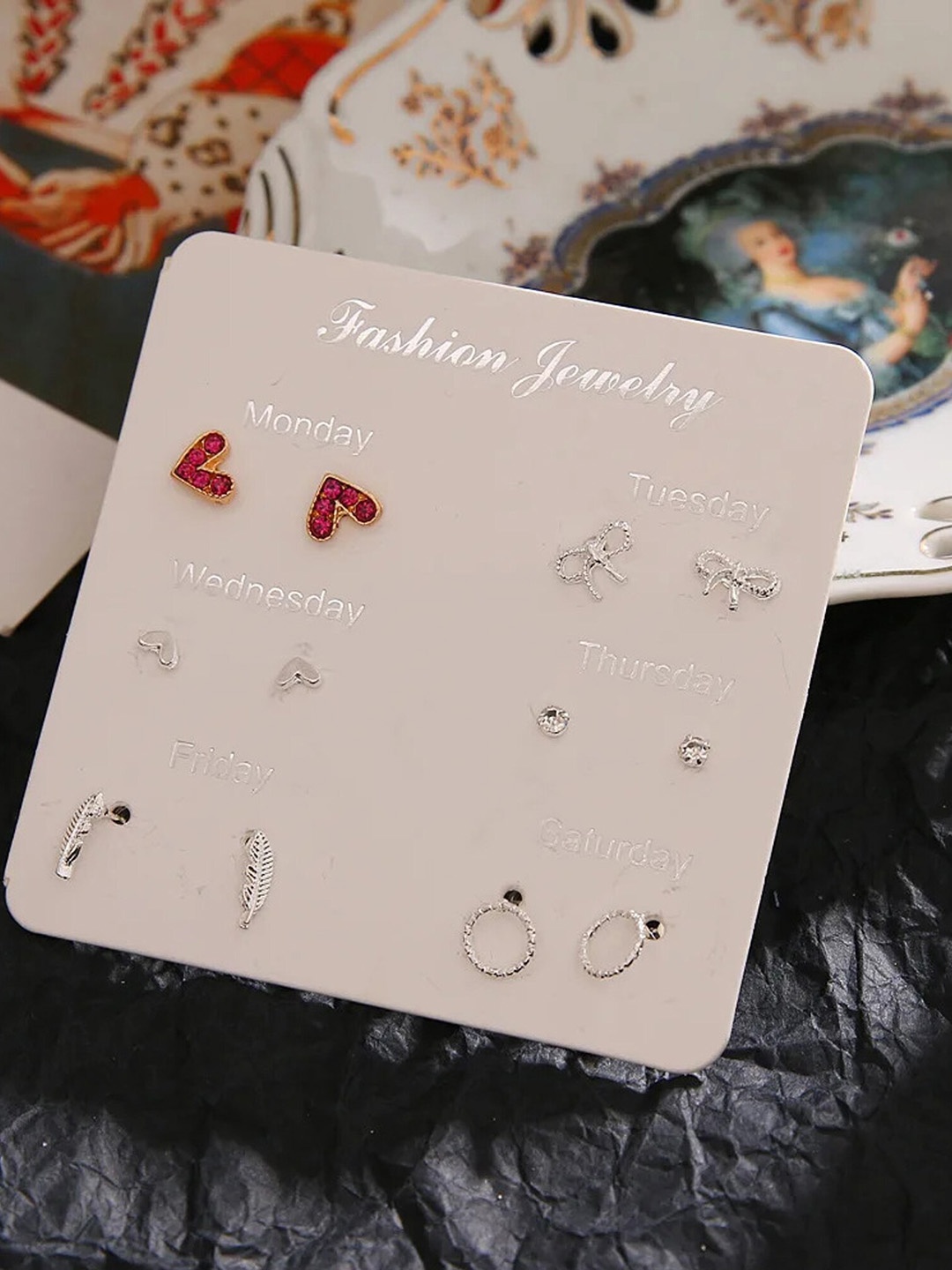 

Fashion Frill Set Of 6 Heart Shaped Studs Earrings, Silver