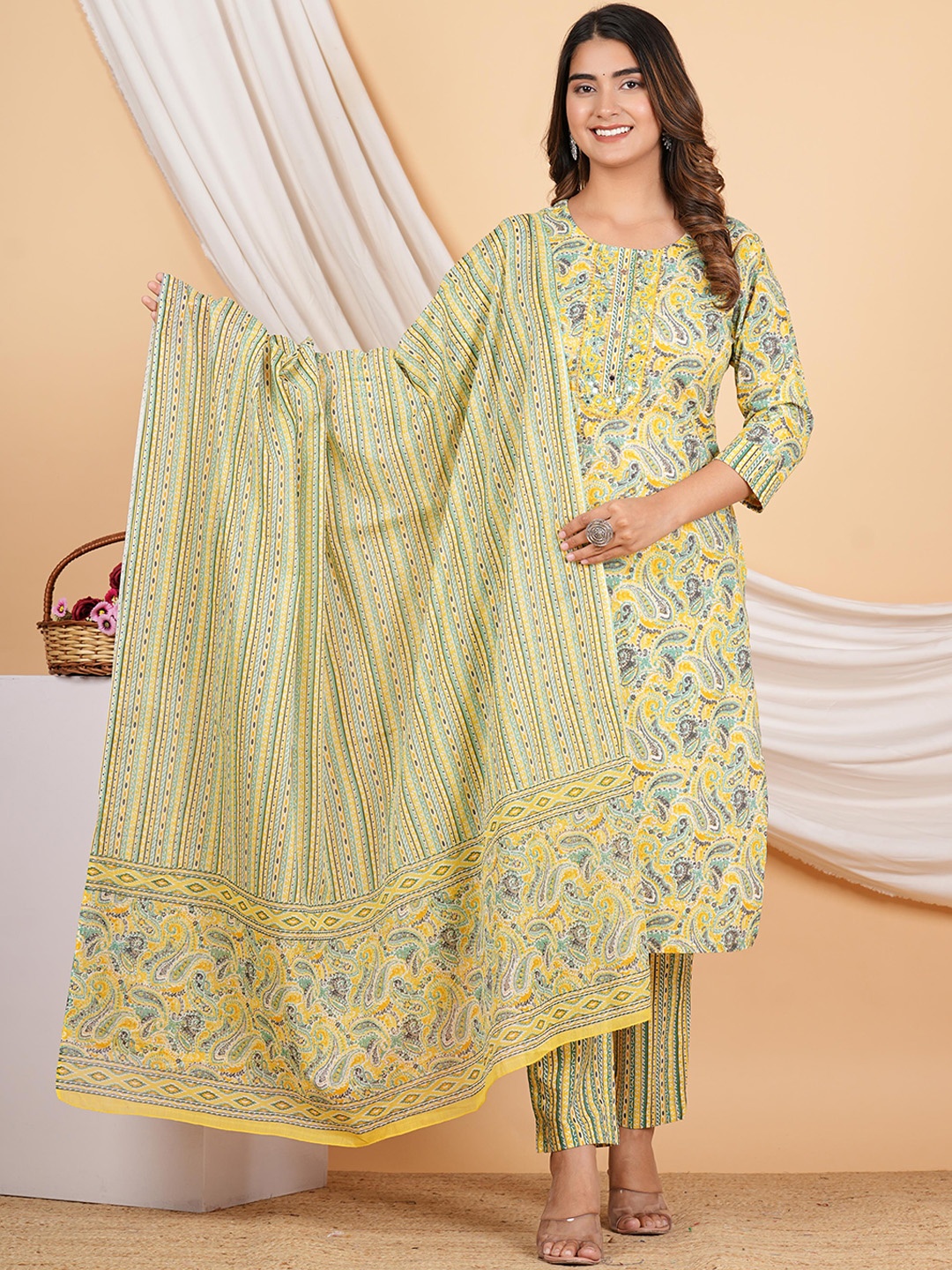 

ZOYOTO Floral Printed Mirror Work Pure Cotton Kurta With Trousers & Dupatta, Yellow