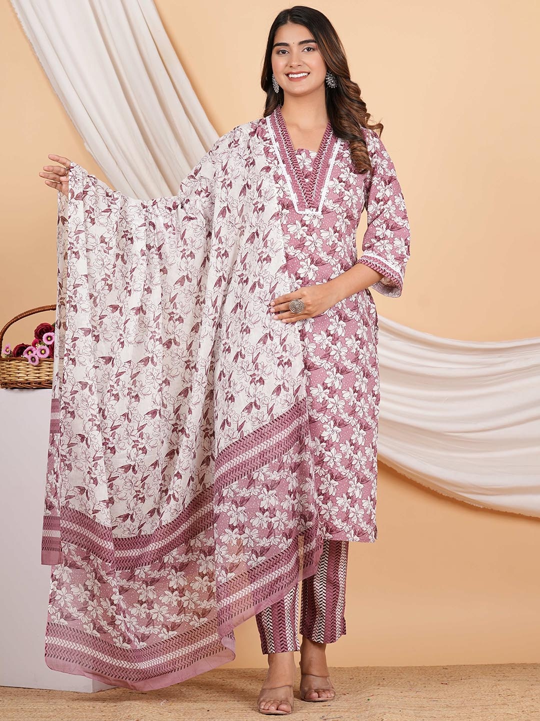 

ZOYOTO Floral Printed Sequined Pure Cotton Kurta With Trouser & Dupatta, Pink